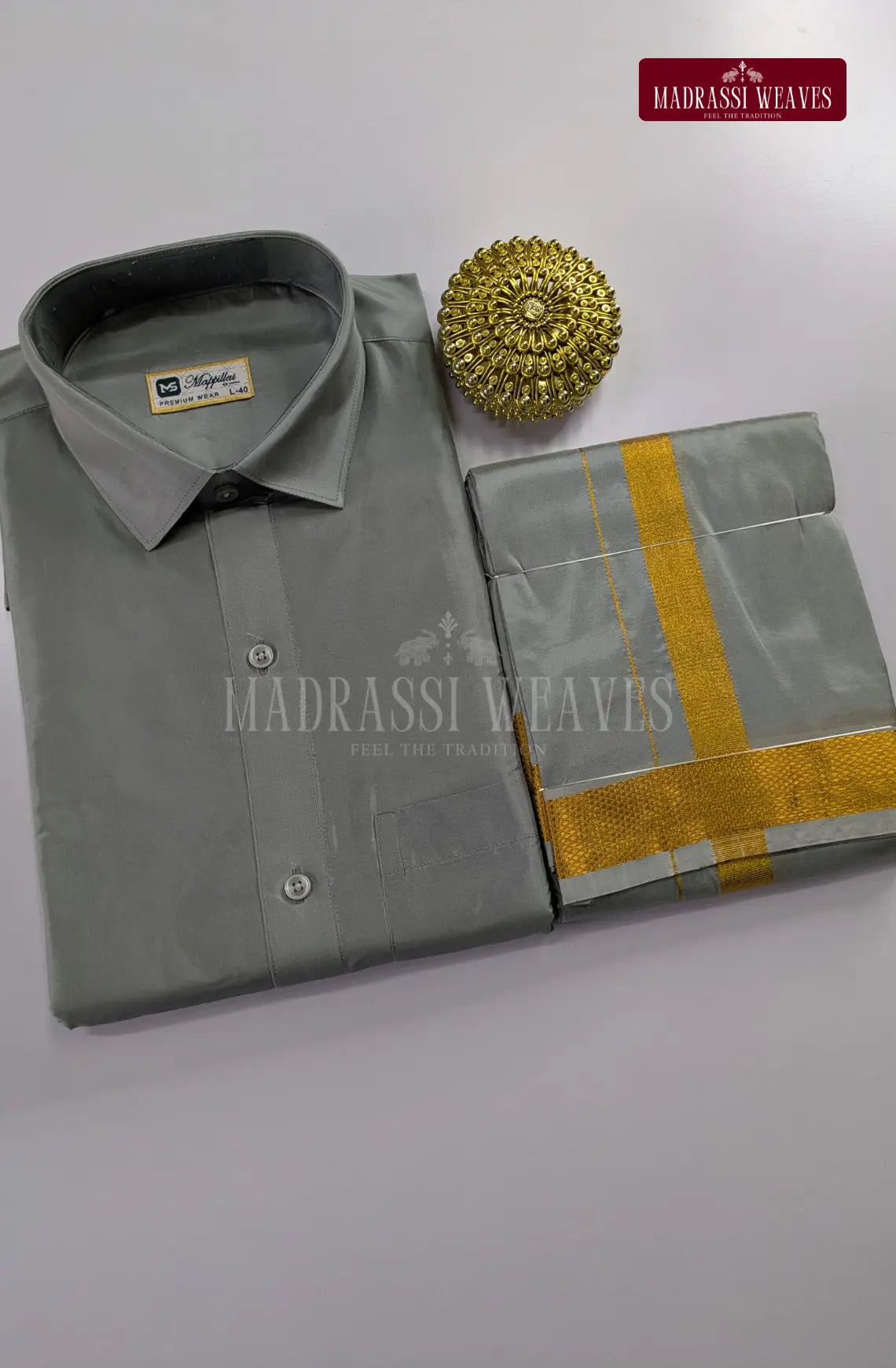 Premium Couple Combo Set with Gold Zari - Steel Grey
