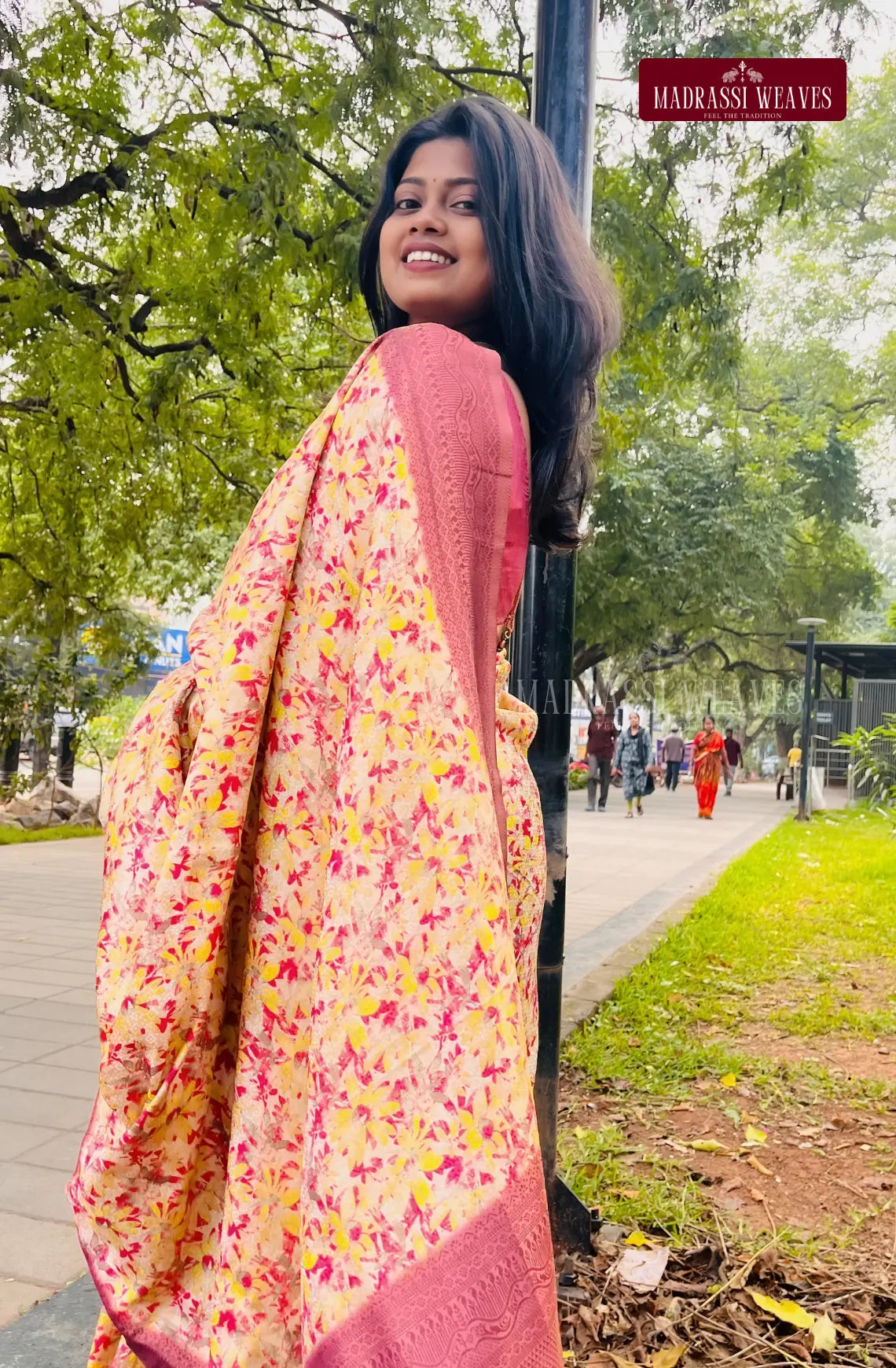 Digital Printed Floral Party Wear Saree - Mustard Yellow