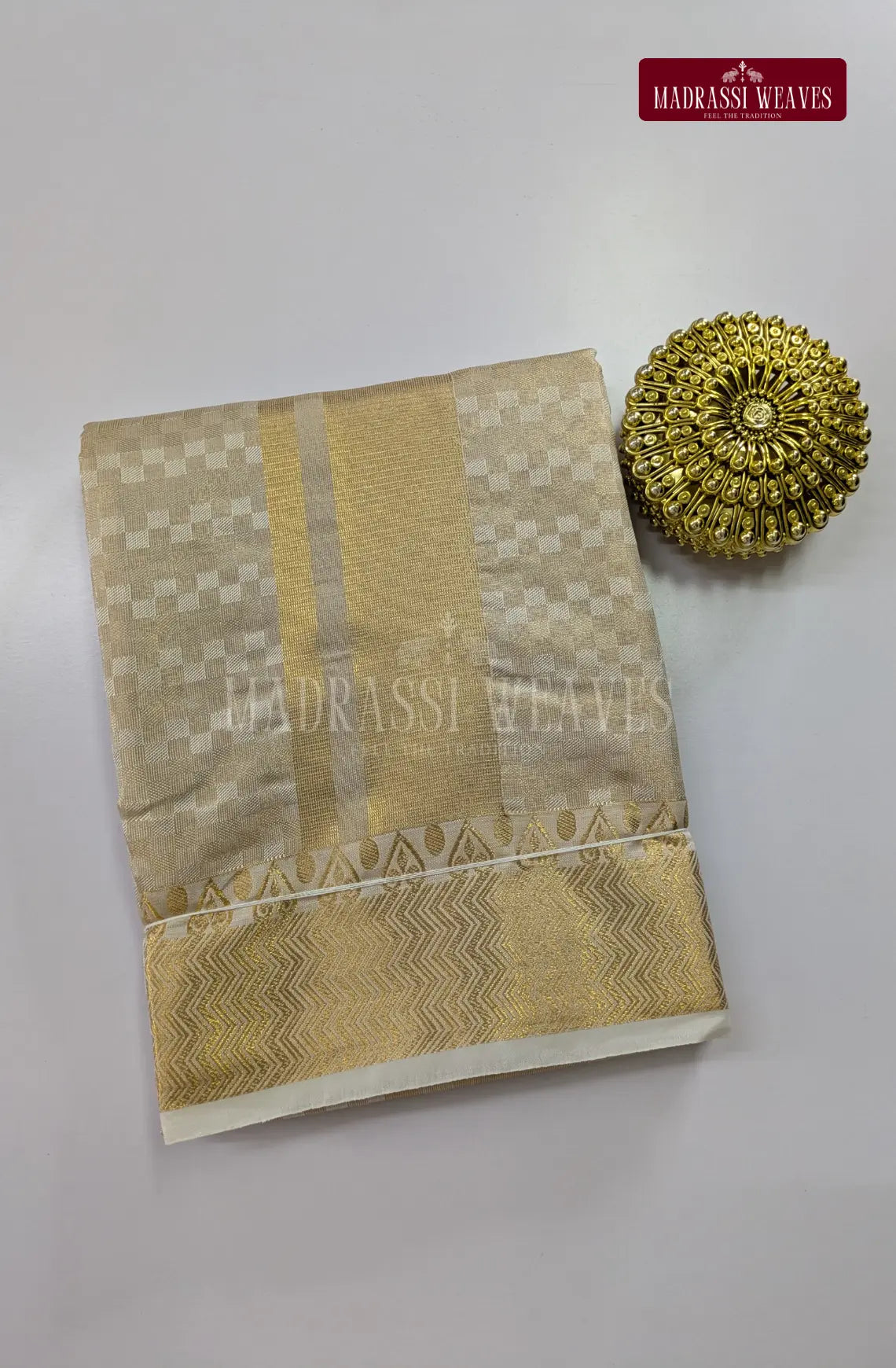 Luxury Zari Jacquard Border Wedding Men's Dhoti Set With Towel - Ivory
