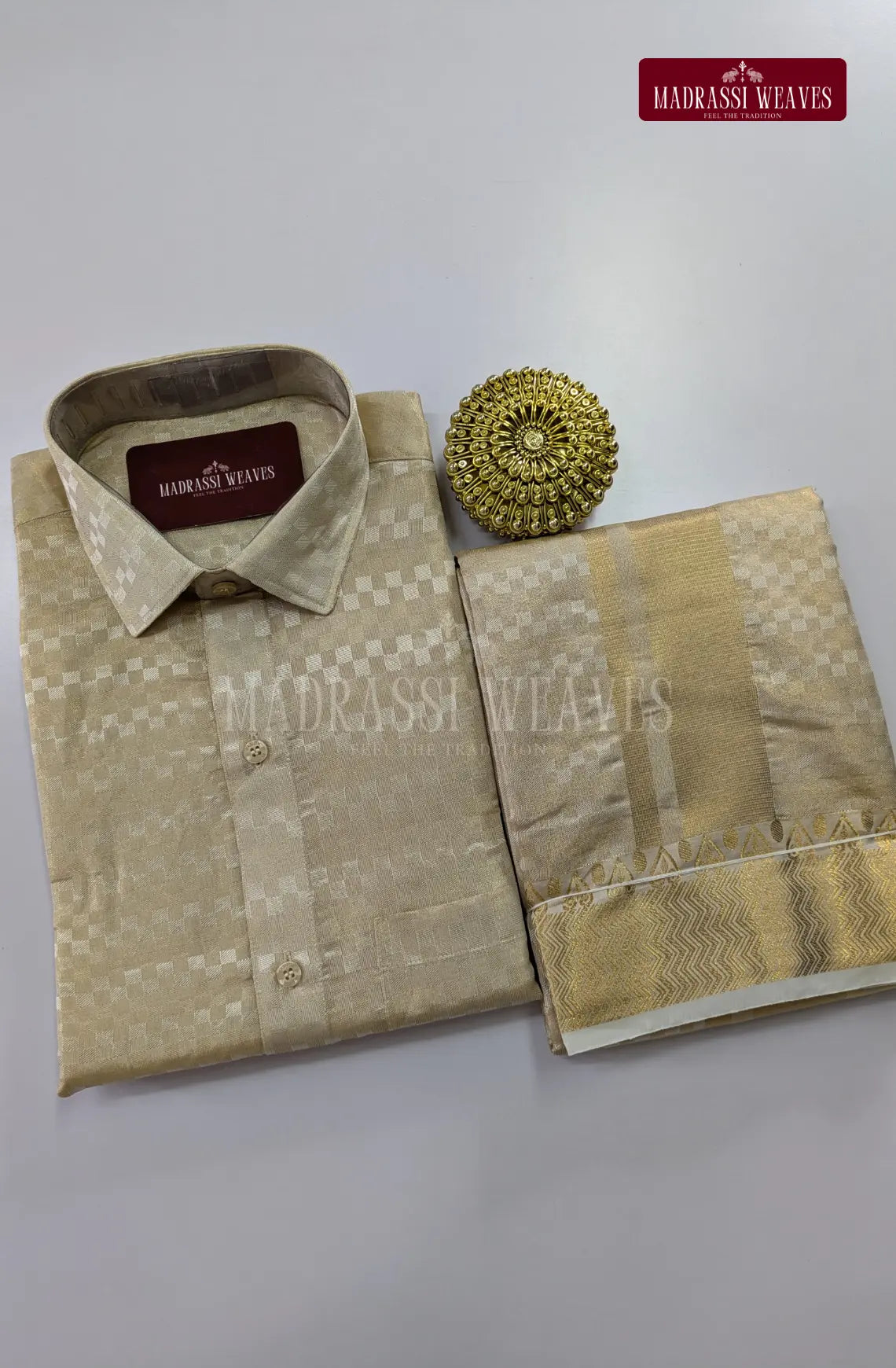 Luxury Zari Jacquard Border Wedding Men's Dhoti Set With Towel - Ivory