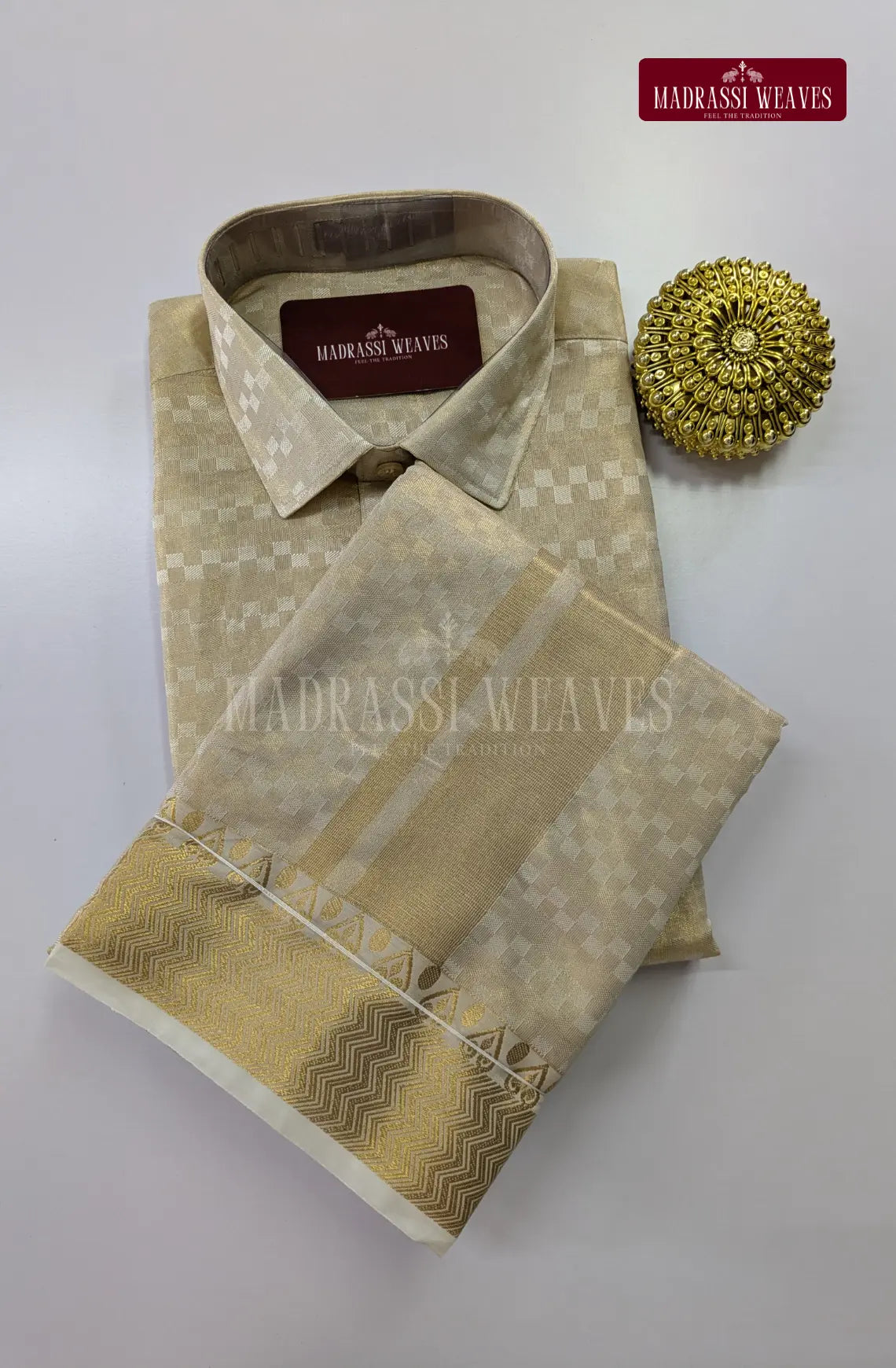 Luxury Zari Jacquard Border Wedding Men's Dhoti Set With Towel - Ivory