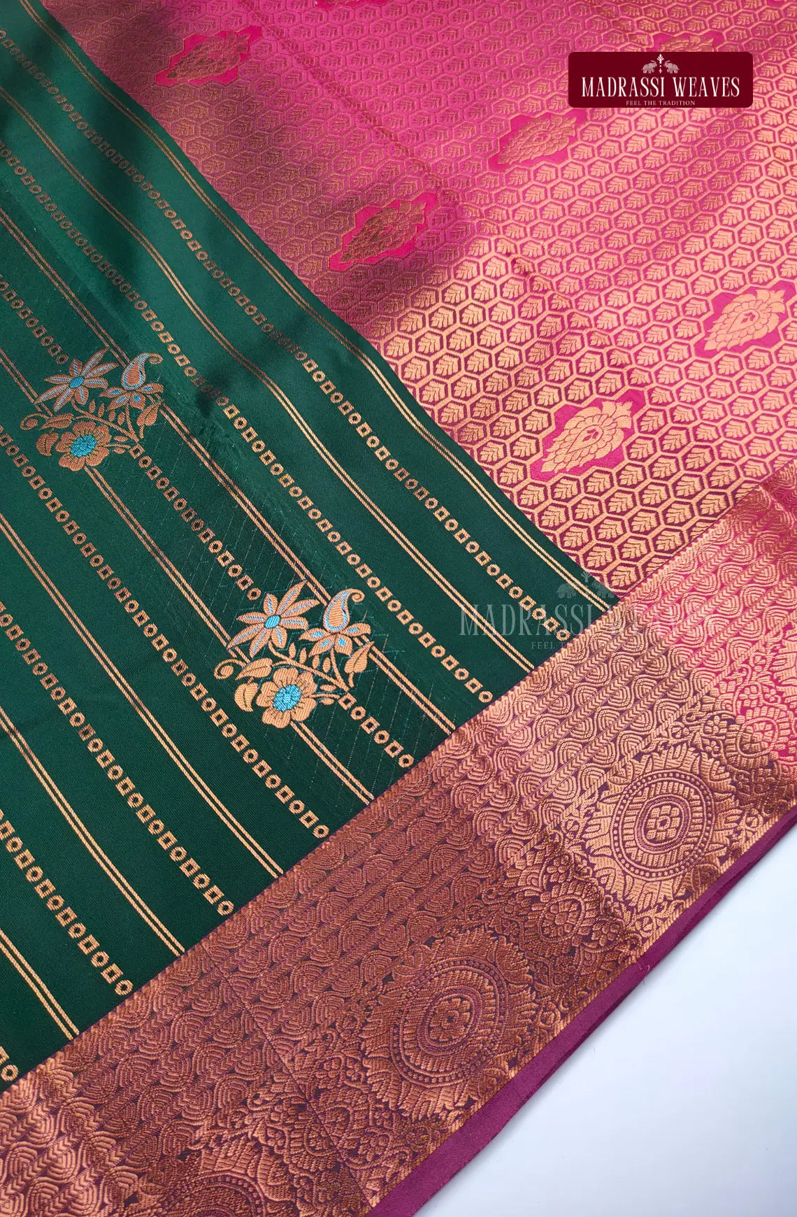 Ethnic Kanchi Semi Silk Butta Saree - Bottle Green
