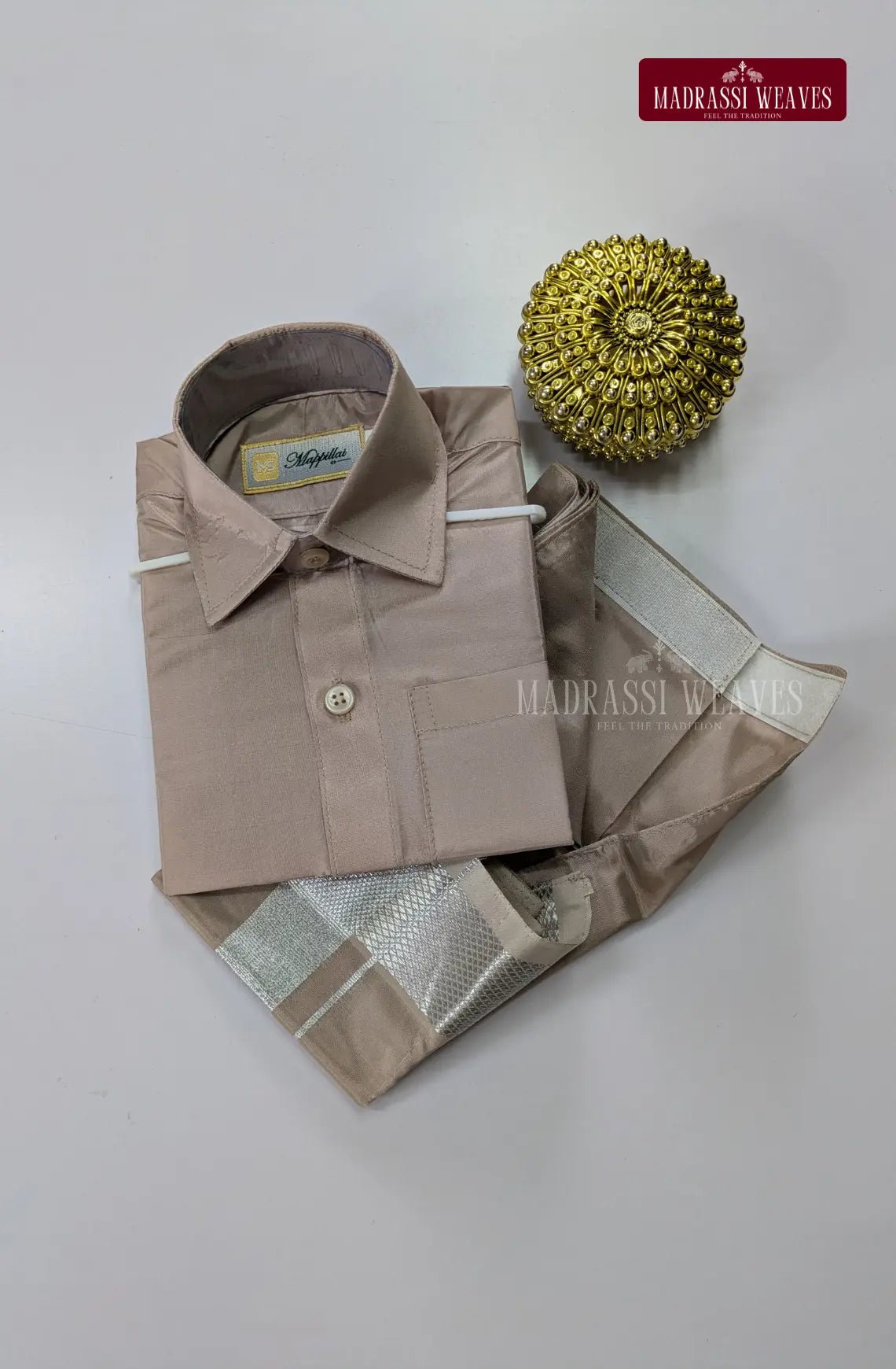 Father Son Combo Japan Silk Dhoti Set - Sandstone