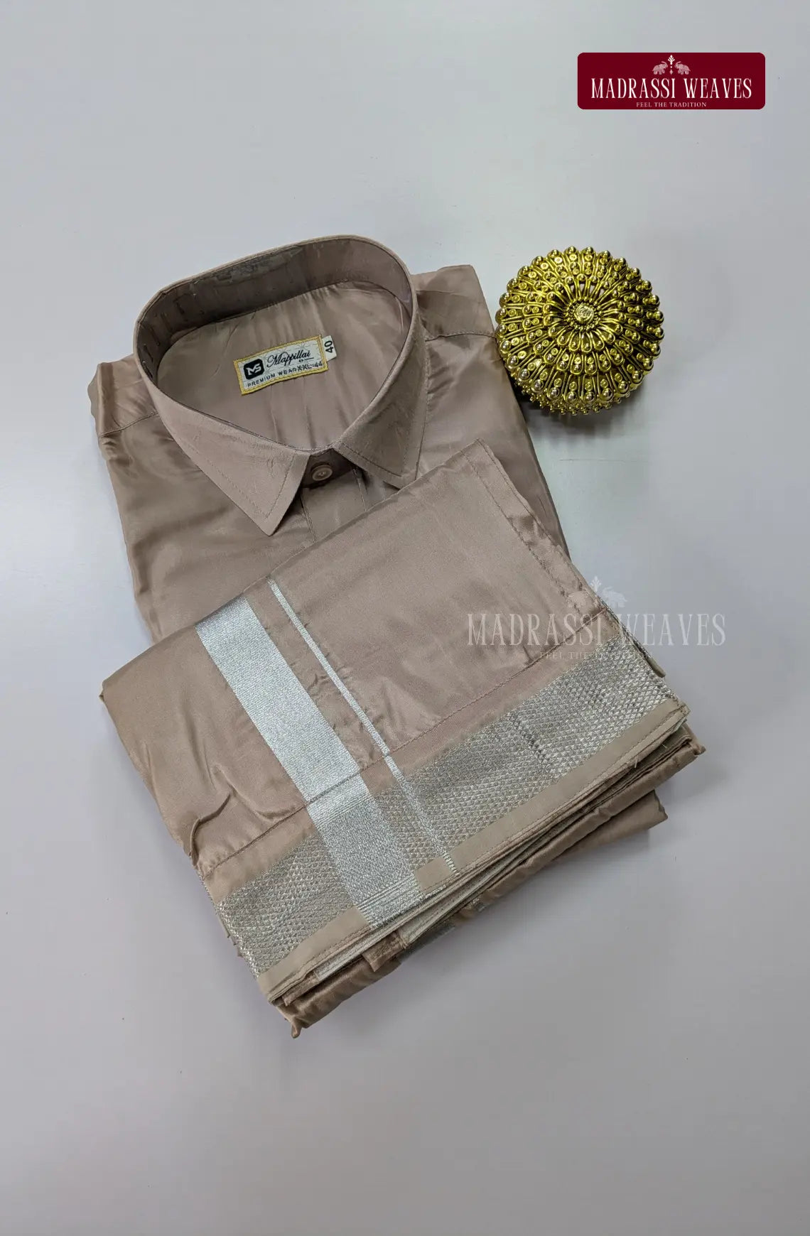 Father Son Combo Japan Silk Dhoti Set - Sandstone