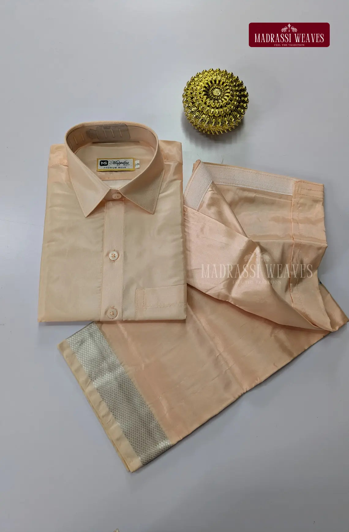 Father Son Combo Japan Silk Dhoti Set - Peach