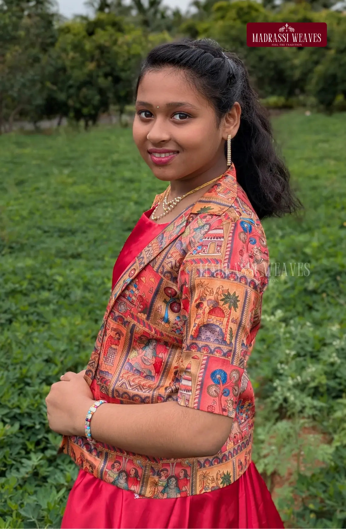 Indo-Western Style Girl's Dress With Ethnic Jacket - Tulip Red