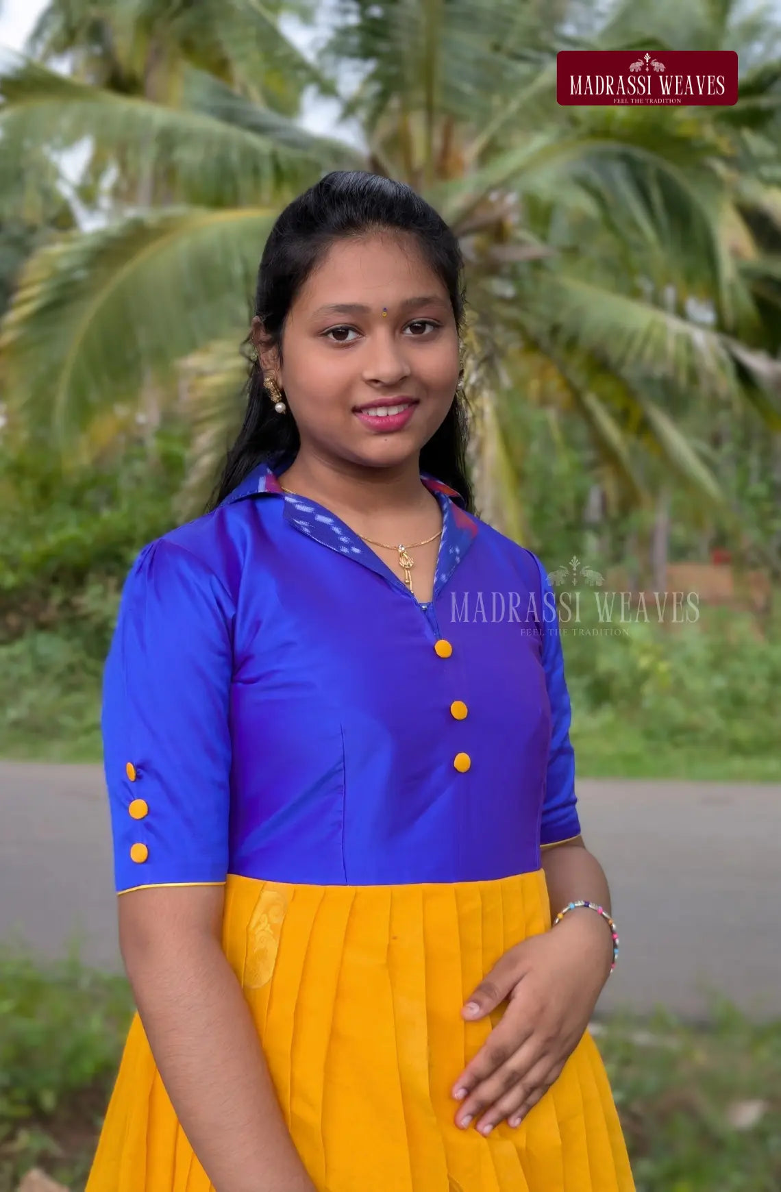 Handloom Ikkat Long Frock For Girls - Blue Blossom