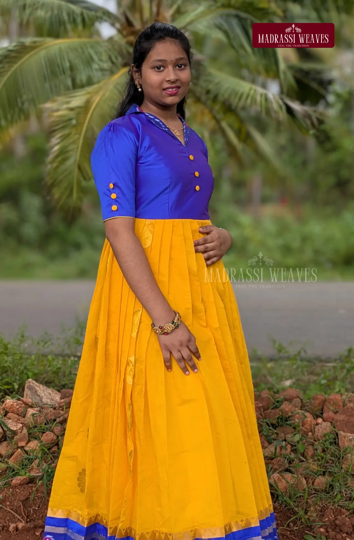 Handloom Ikkat Long Frock For Girls - Blue Blossom