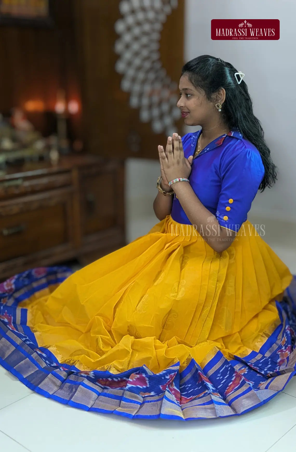 Handloom Ikkat Long Frock For Girls - Blue Blossom