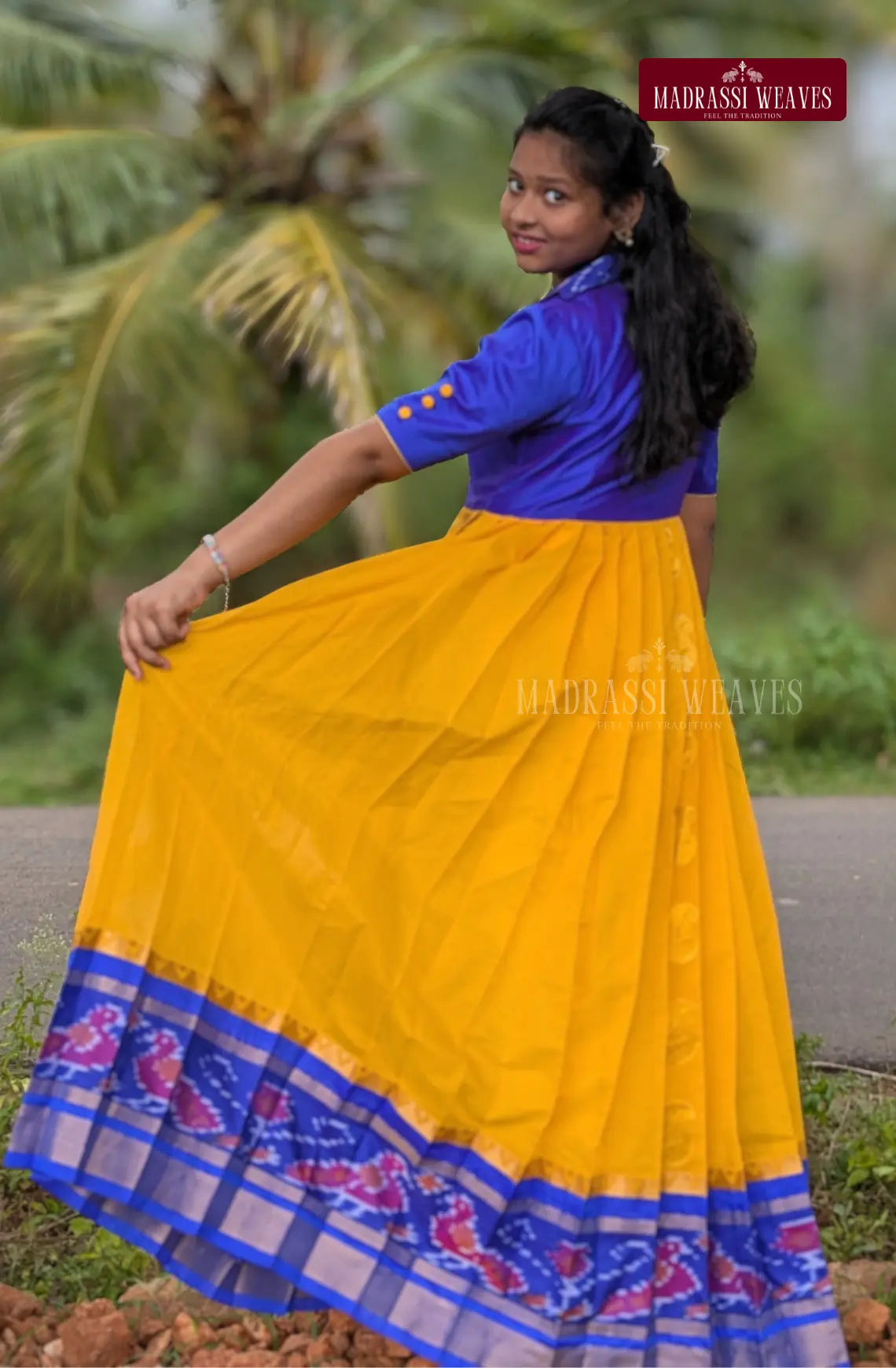 Handloom Ikkat Long Frock For Girls - Blue Blossom