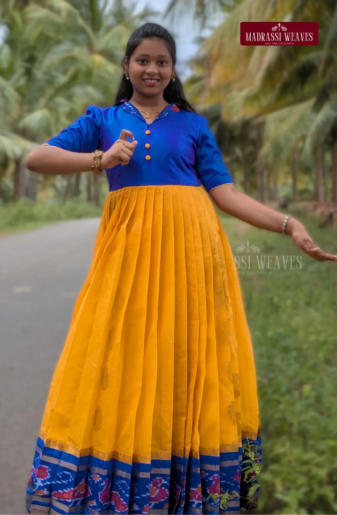 Handloom Ikkat Long Frock For Girls - Blue Blossom