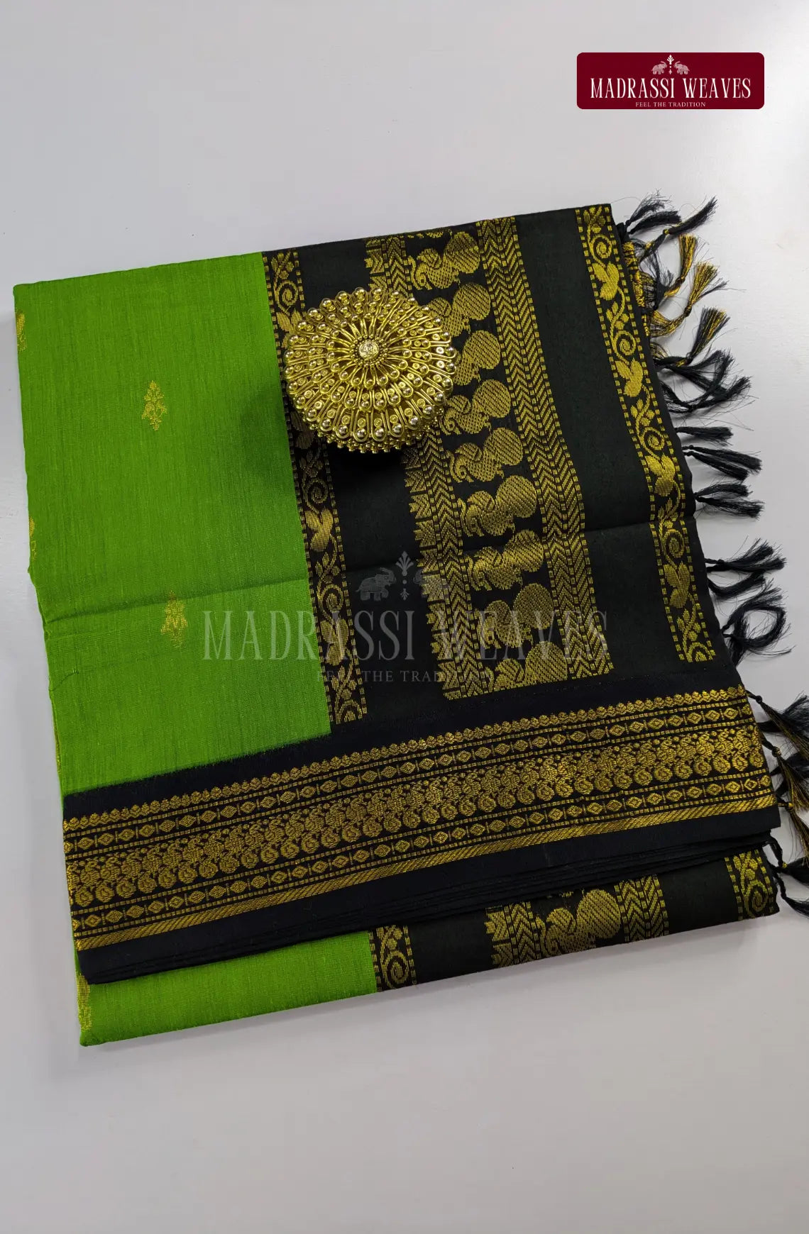Premium Kalyani Gadwal Cotton Saree - Parrot Green