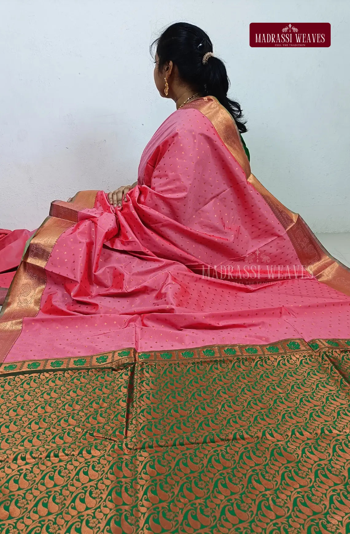 The Kanchi Semi Silk Saree with Meena Work is a stunning choice for weddings and special occasions. Made from kanchi semi silk, it features a beautiful zari woven border and intricate meena work. With 5 different colours available, this saree is perfect for every taste. Plus, the attached blouse material makes it easy to buy online and wear right away. Elevate your saree game today!