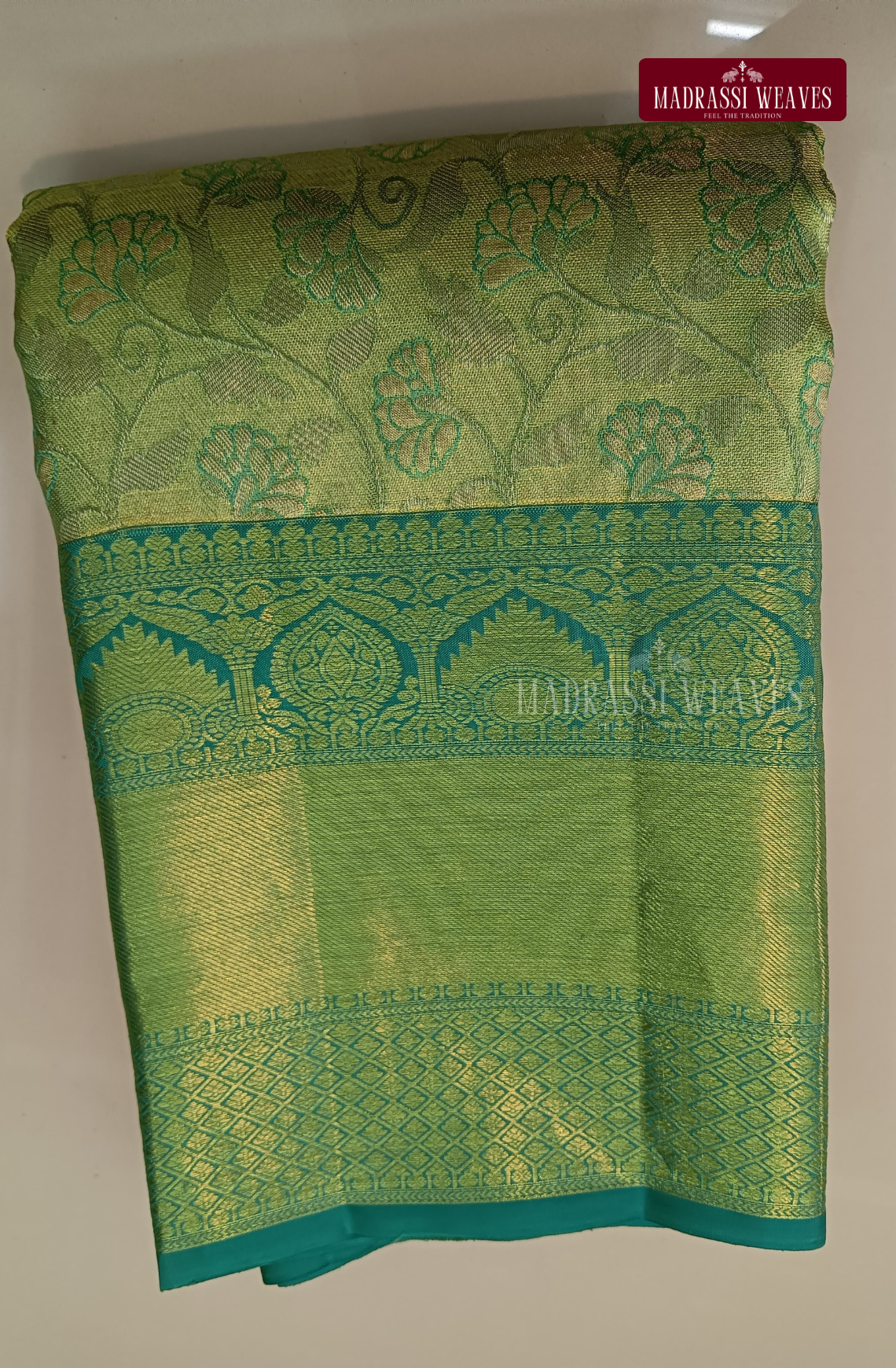 Kanjeevaram Pure Tissue Silk Saree with Zari Woven Border - Green