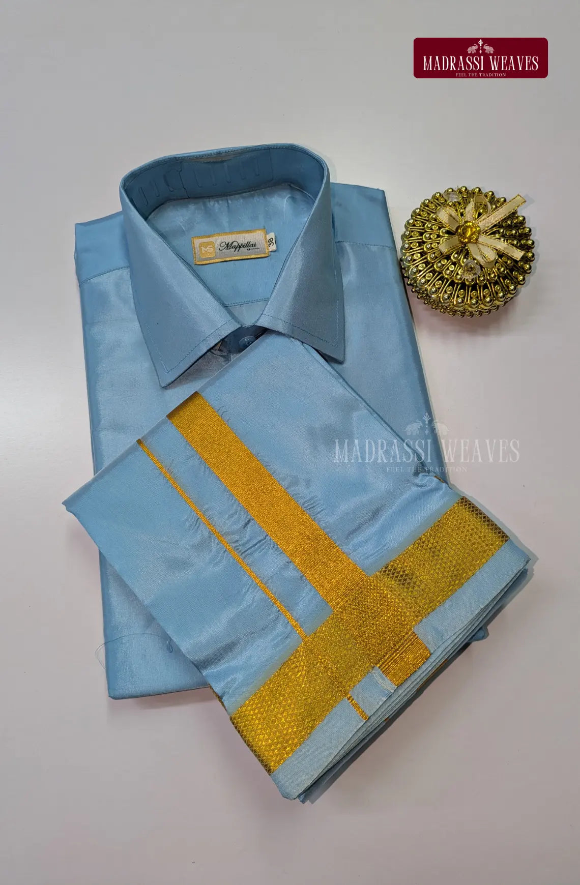 Kids Premium Silk Dhoti Set with Gold Zari - Sky Blue