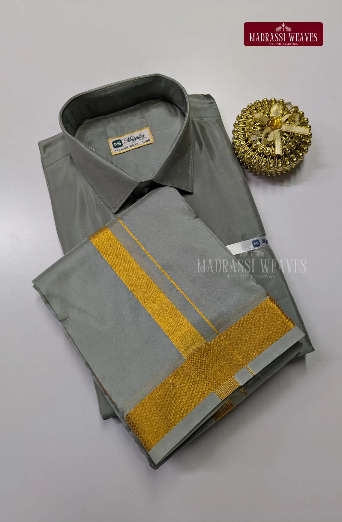 Kids Premium Silk Dhoti Set with Gold Zari - Steel Grey