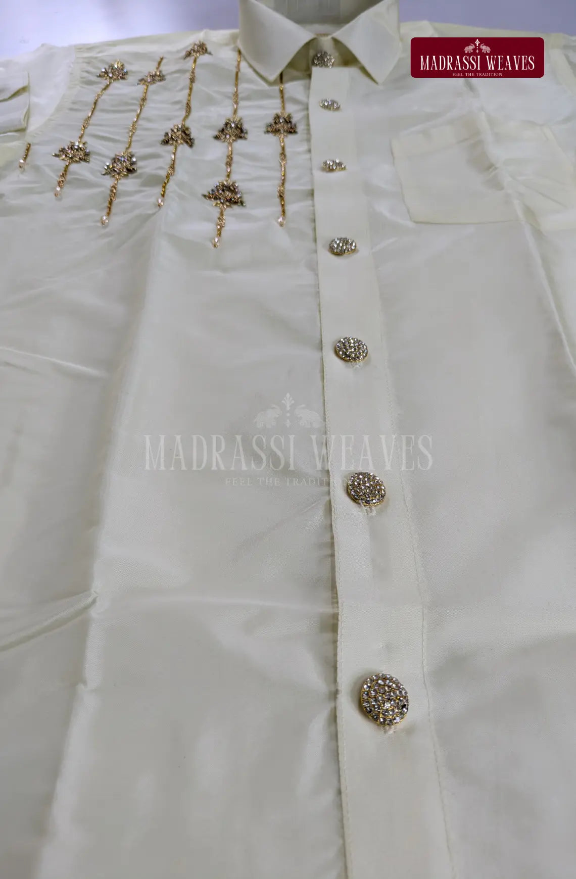 Aari Work Men's Shirt 2 (Hand Crafted) - Pearl White