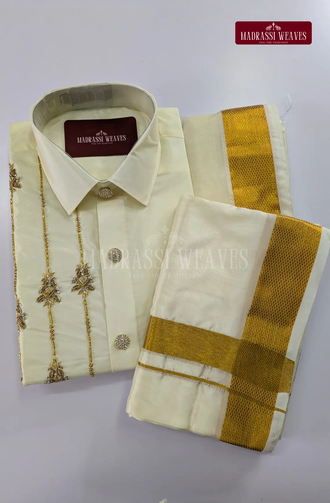 Luxury Aari Work Wedding Silk Dhoti Set 2 (HandCrafted) - Pearl White