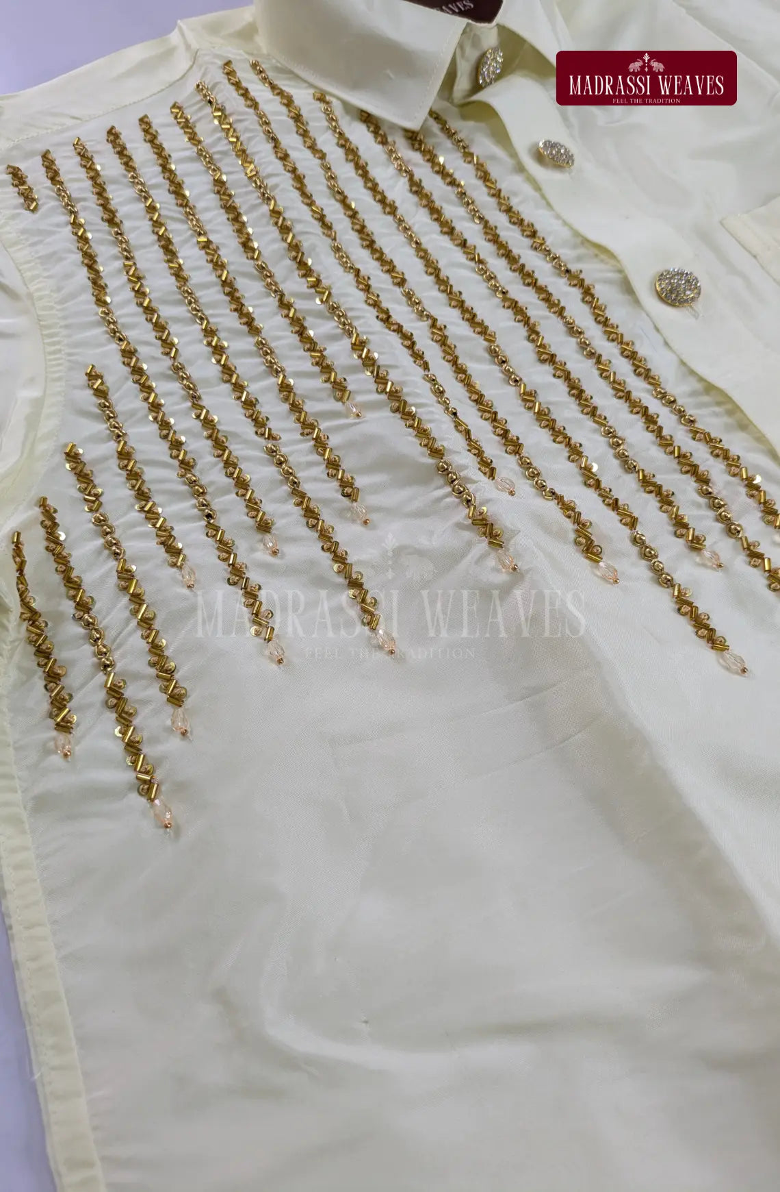 Luxury Aari Work Wedding Silk Dhoti Set 1 (HandCrafted) - Pearl White