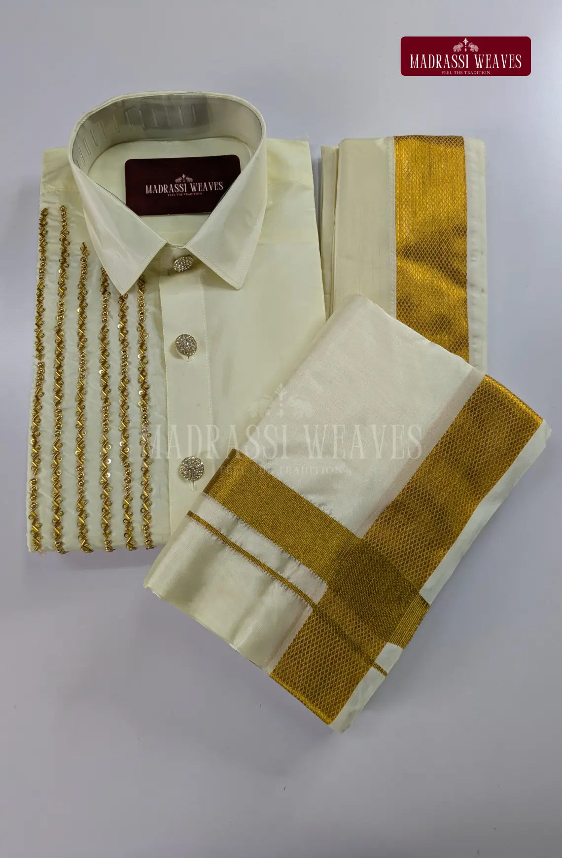 Luxury Aari Work Wedding Silk Dhoti Set 1 (HandCrafted) - Pearl White