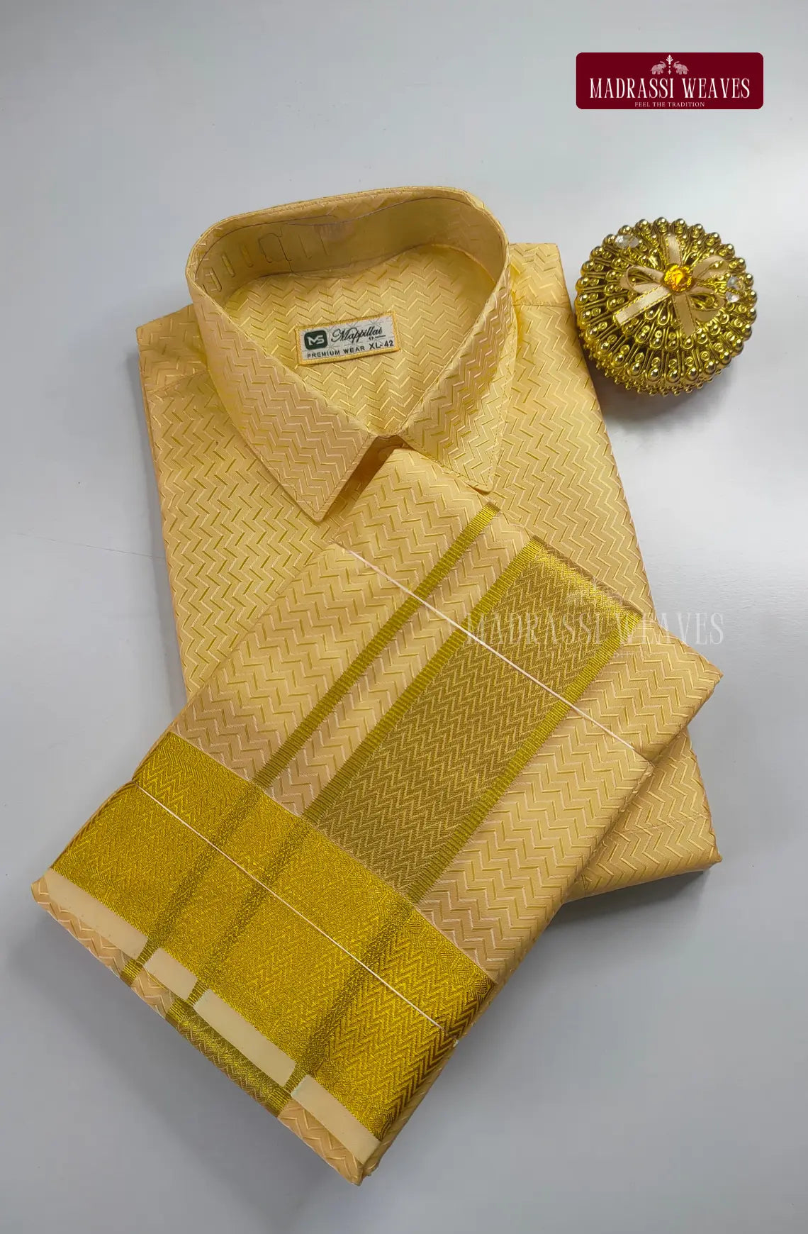 Luxury Embossed Dhoti Set Woven With Gold Zari - Champagne