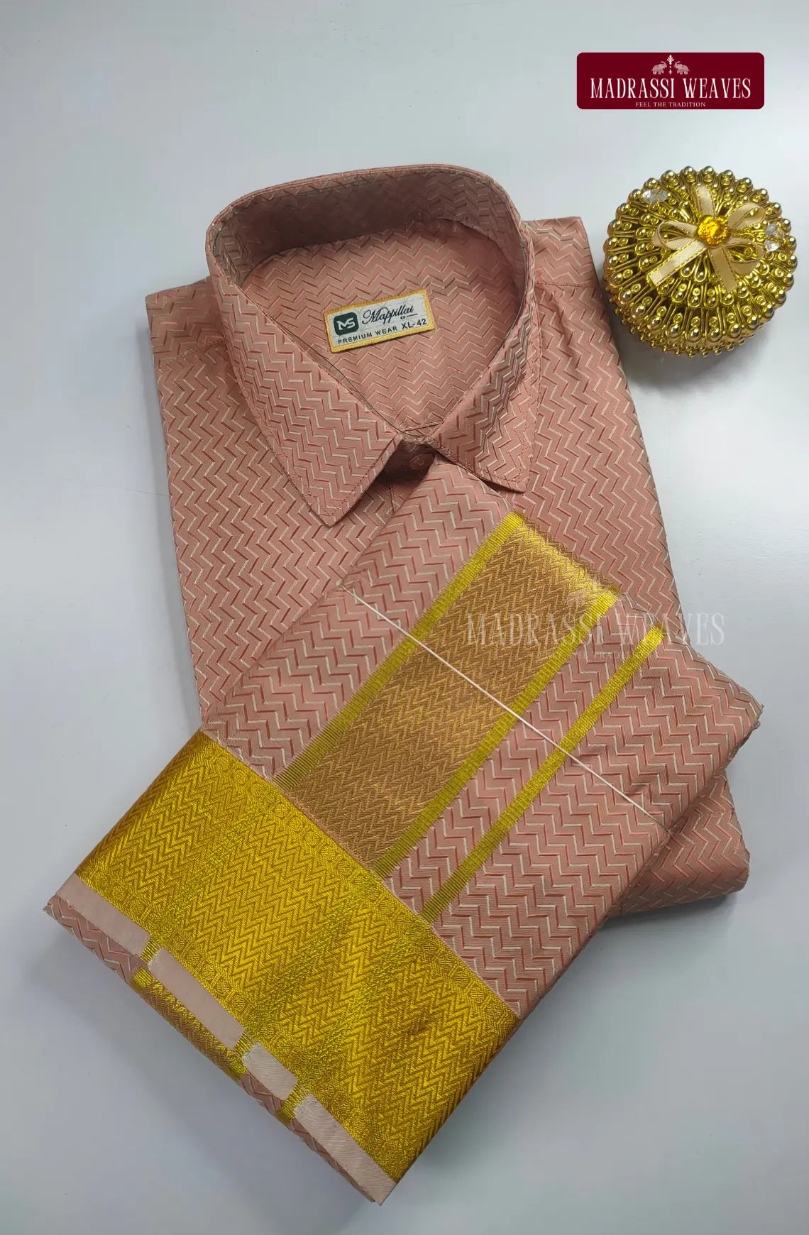 Luxury Embossed Dhoti Set Woven With Gold Zari - Copper