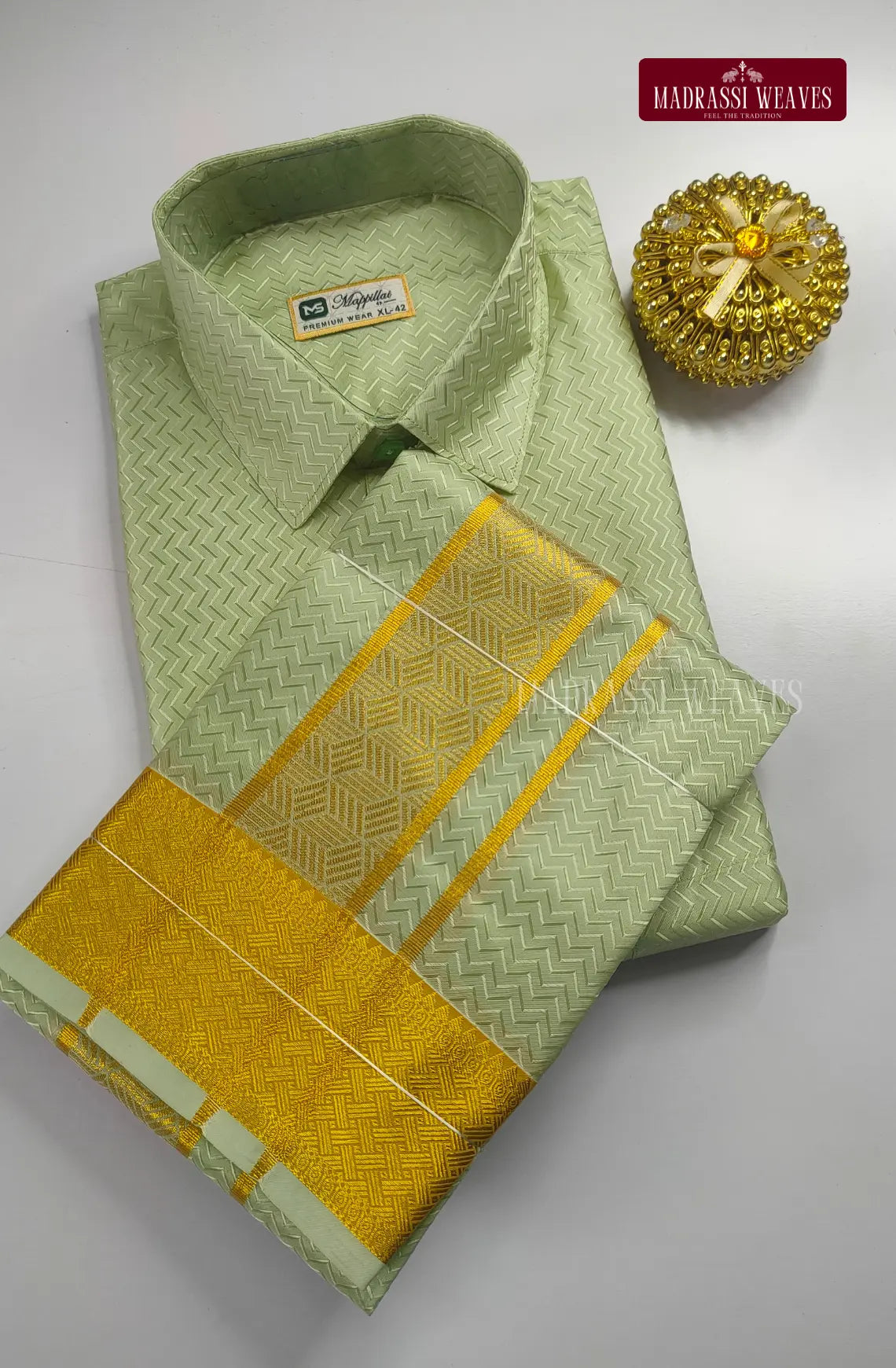 Luxury Embossed Dhoti Set Woven With Gold Zari - Marine Green