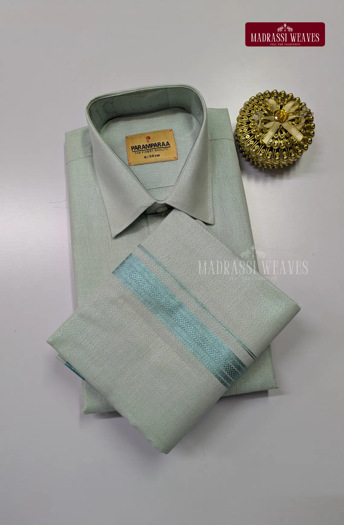 Men's Cotton Tissue Dhoti Set With Aqua Blue Zari