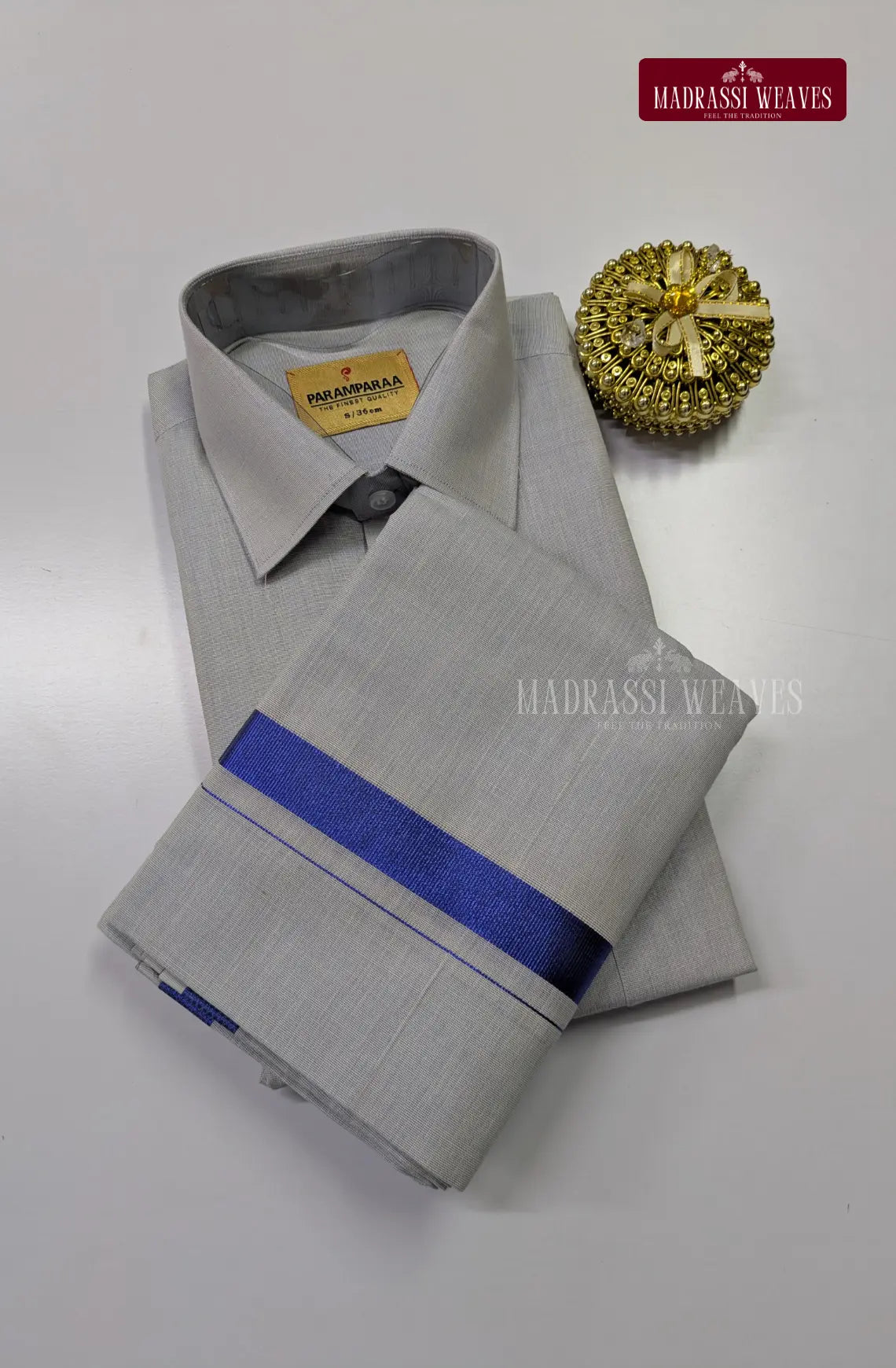 Men's Cotton Tissue Dhoti Set With Blue Zari