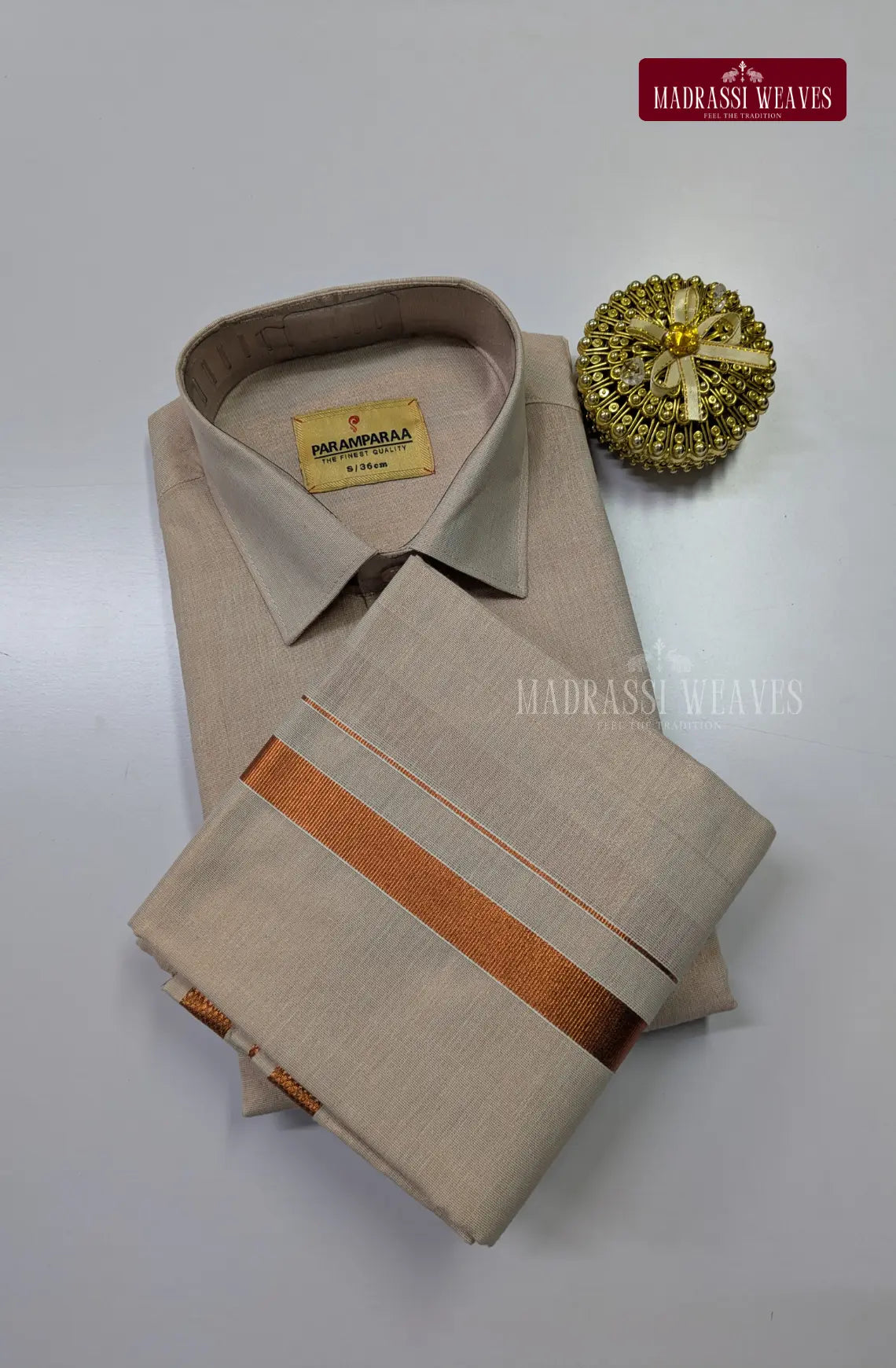 Men's Cotton Tissue Dhoti Set With Copper Zari