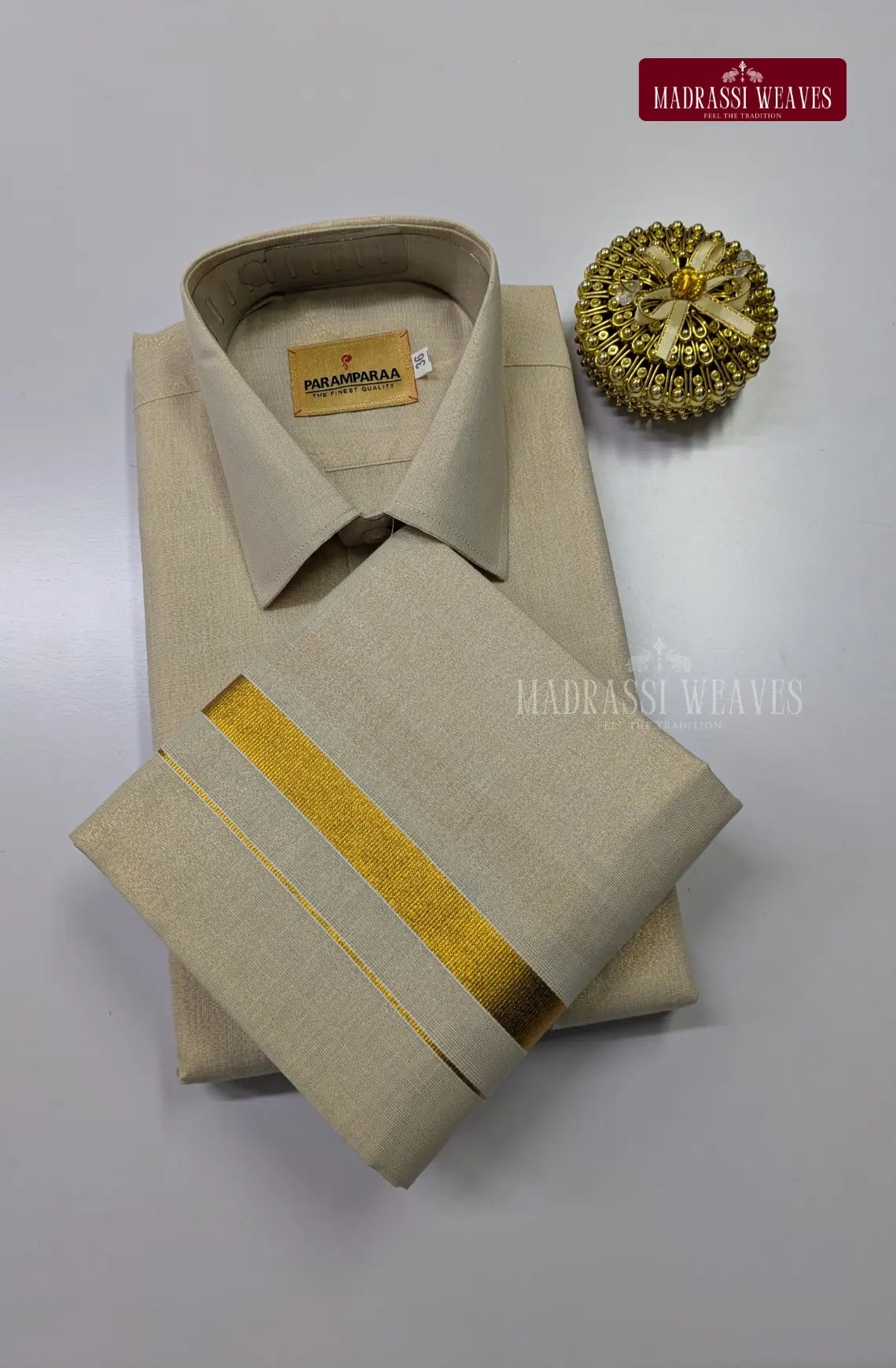 Men's Cotton Tissue Dhoti Set With Gold Zari