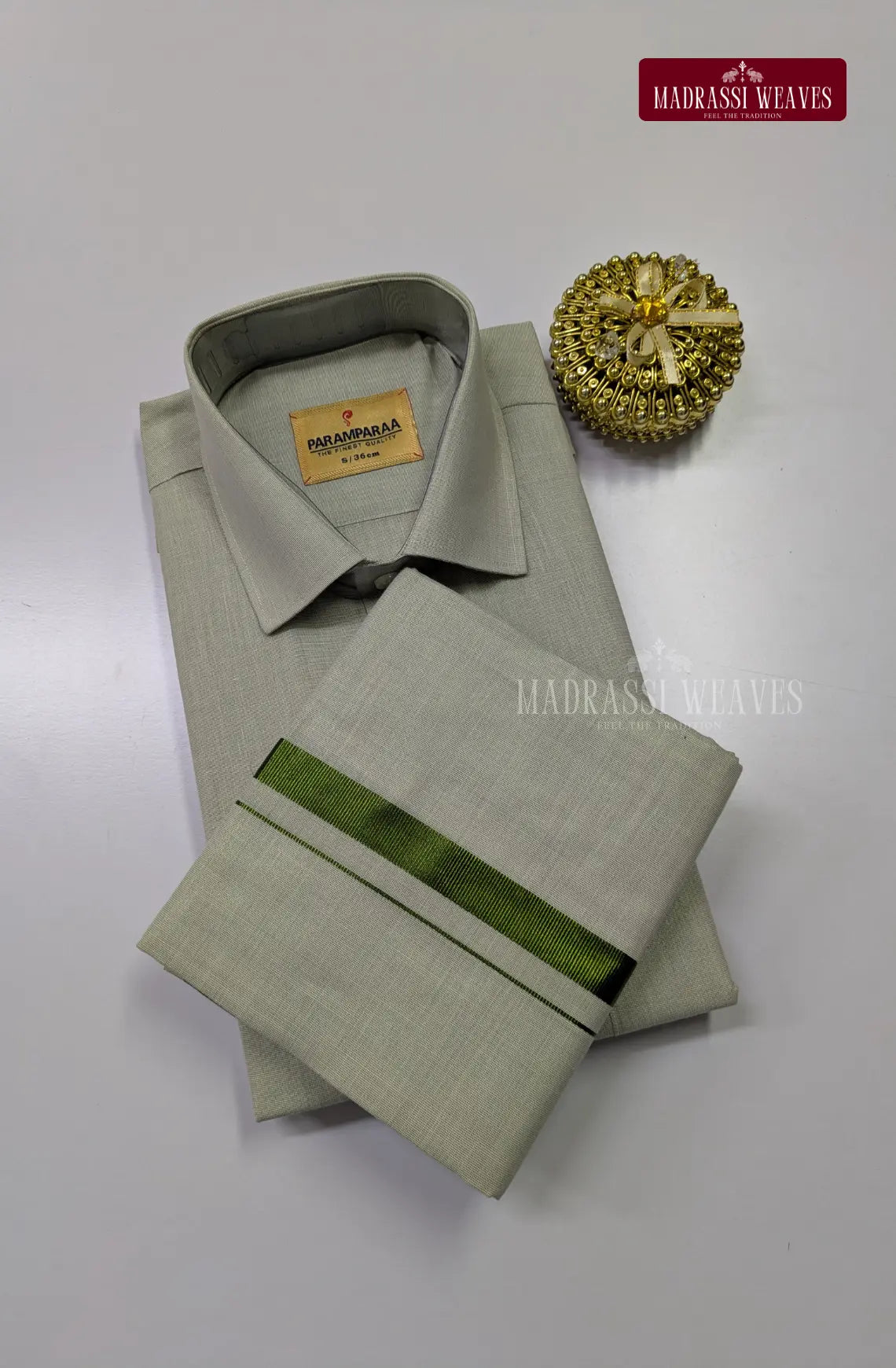 Men's Cotton Tissue Dhoti Set With Green Zari