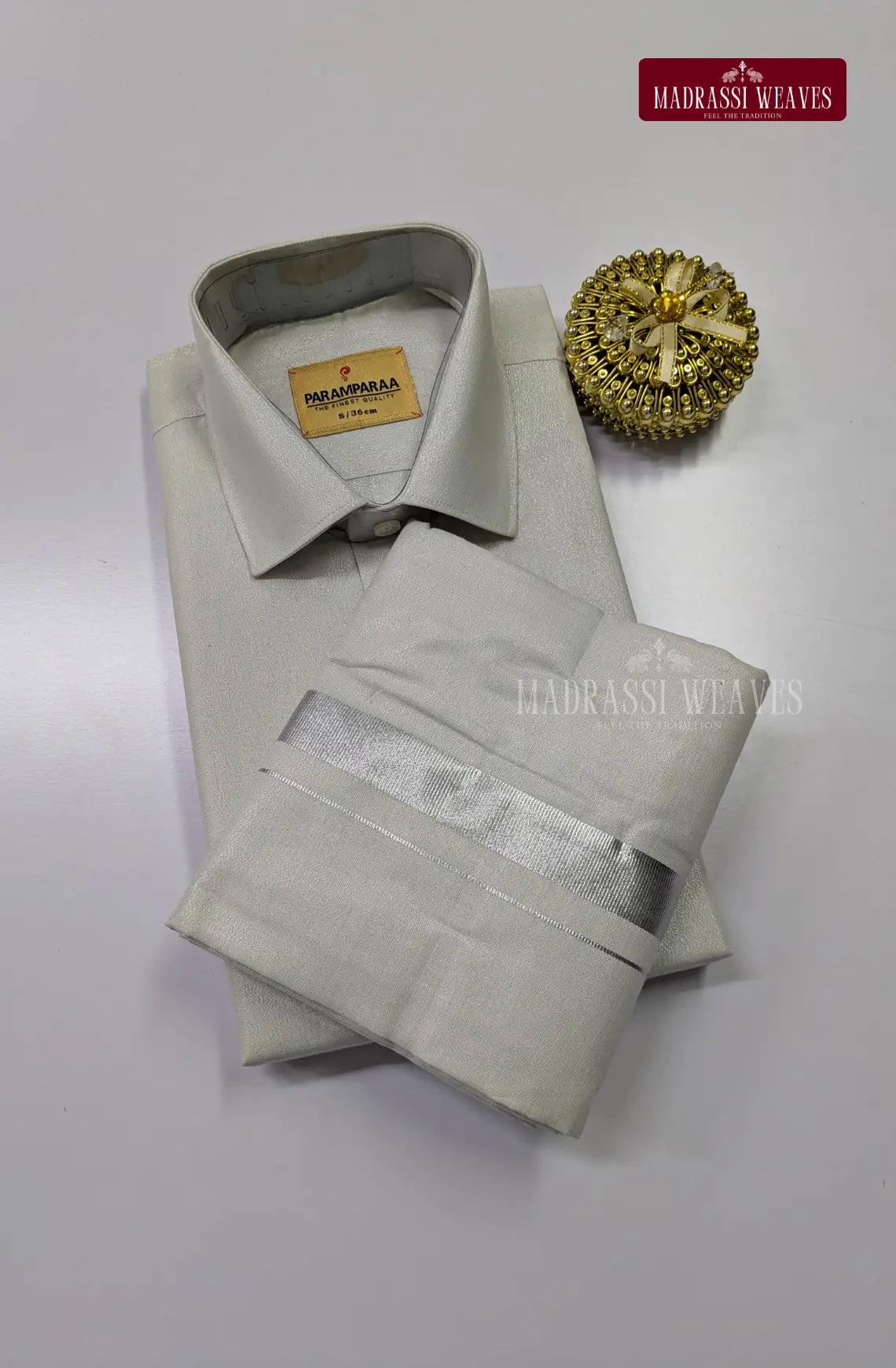 Men's Cotton Tissue Dhoti Set With Silver Zari