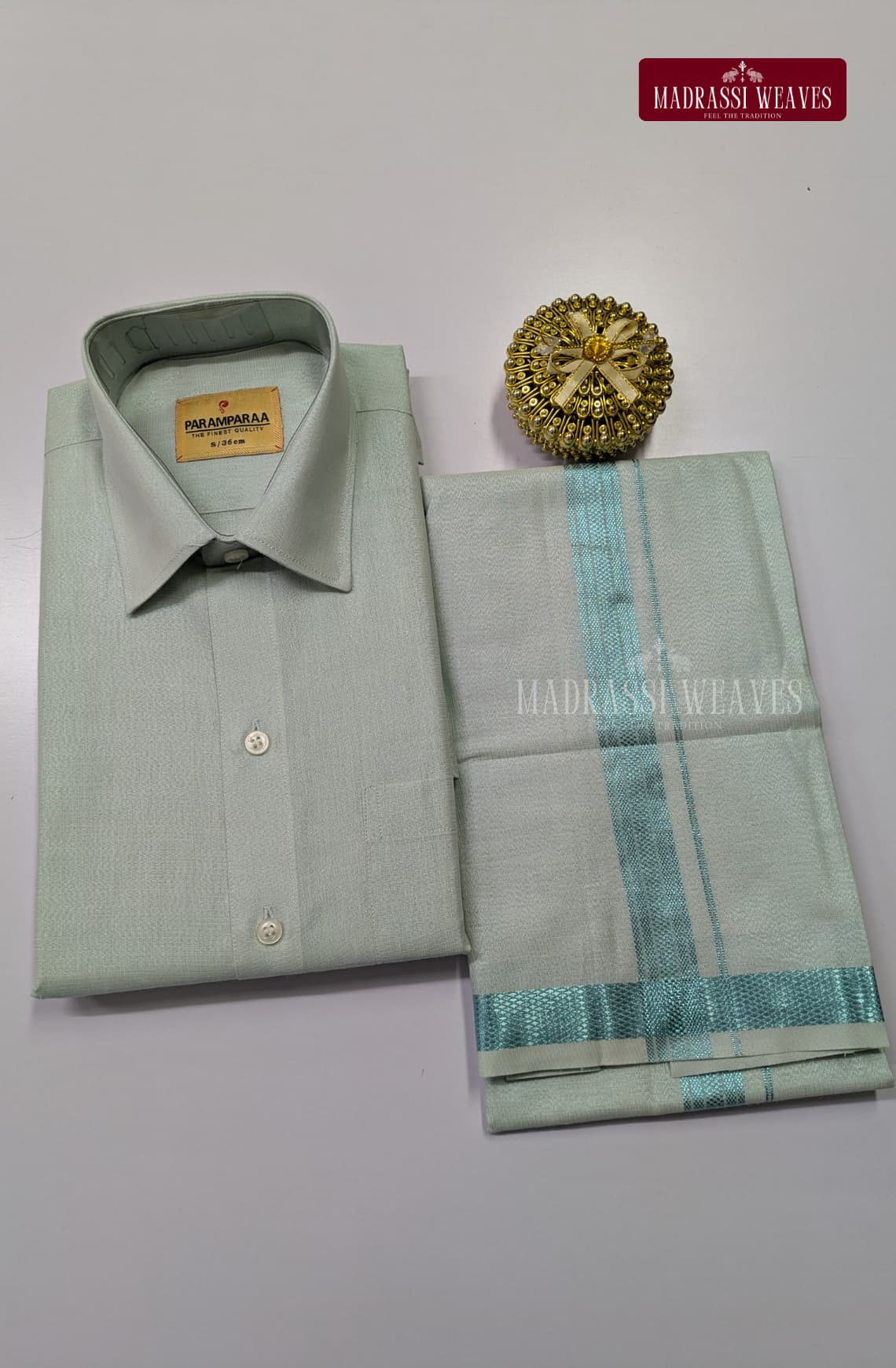 Men's Cotton Tissue Dhoti Set With Aqua Blue Zari