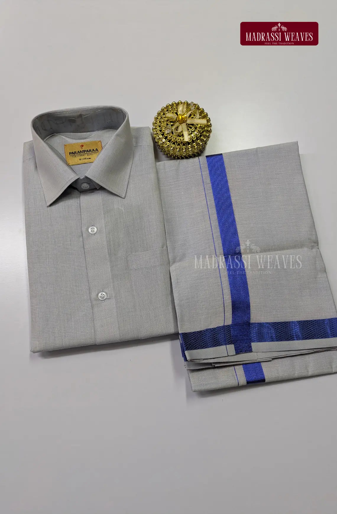 Men's Cotton Tissue Dhoti Set With Blue Zari
