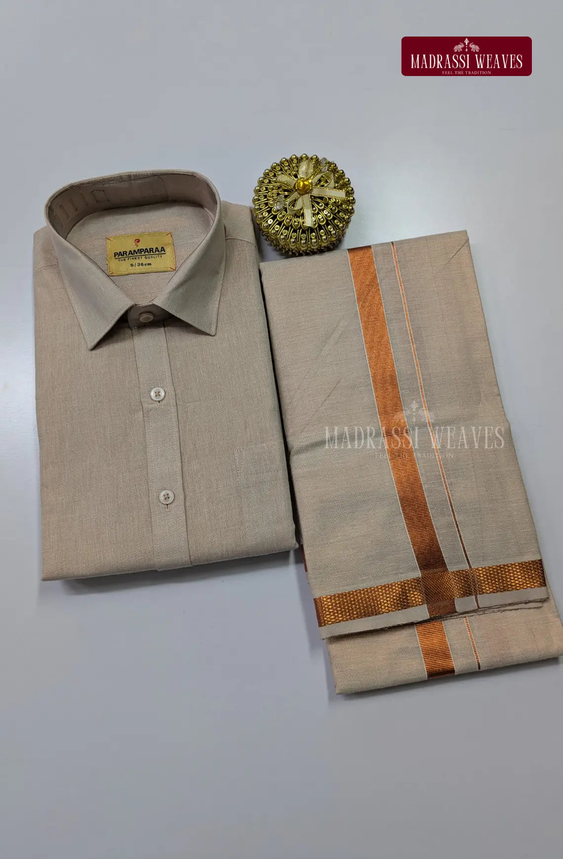 Men's Cotton Tissue Dhoti Set With Copper Zari