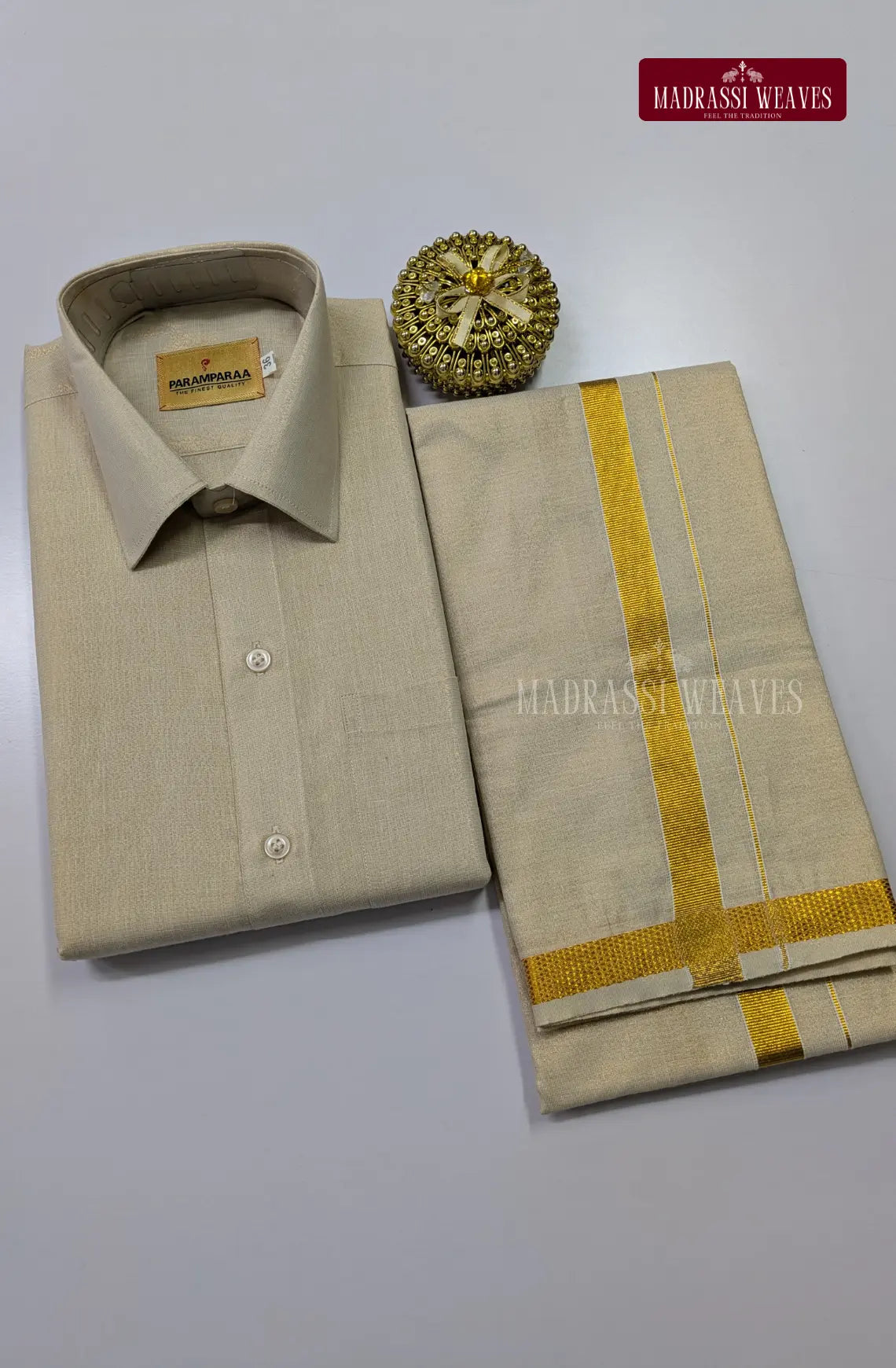 Men's Cotton Tissue Dhoti Set With Gold Zari