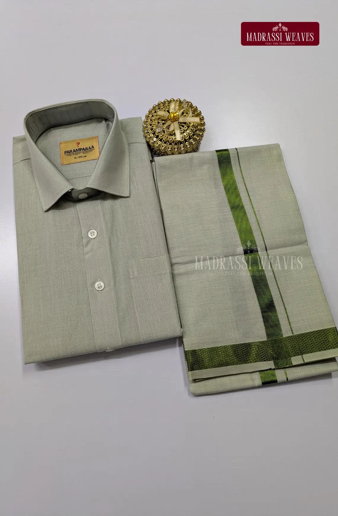 Men's Cotton Tissue Dhoti Set With Green Zari