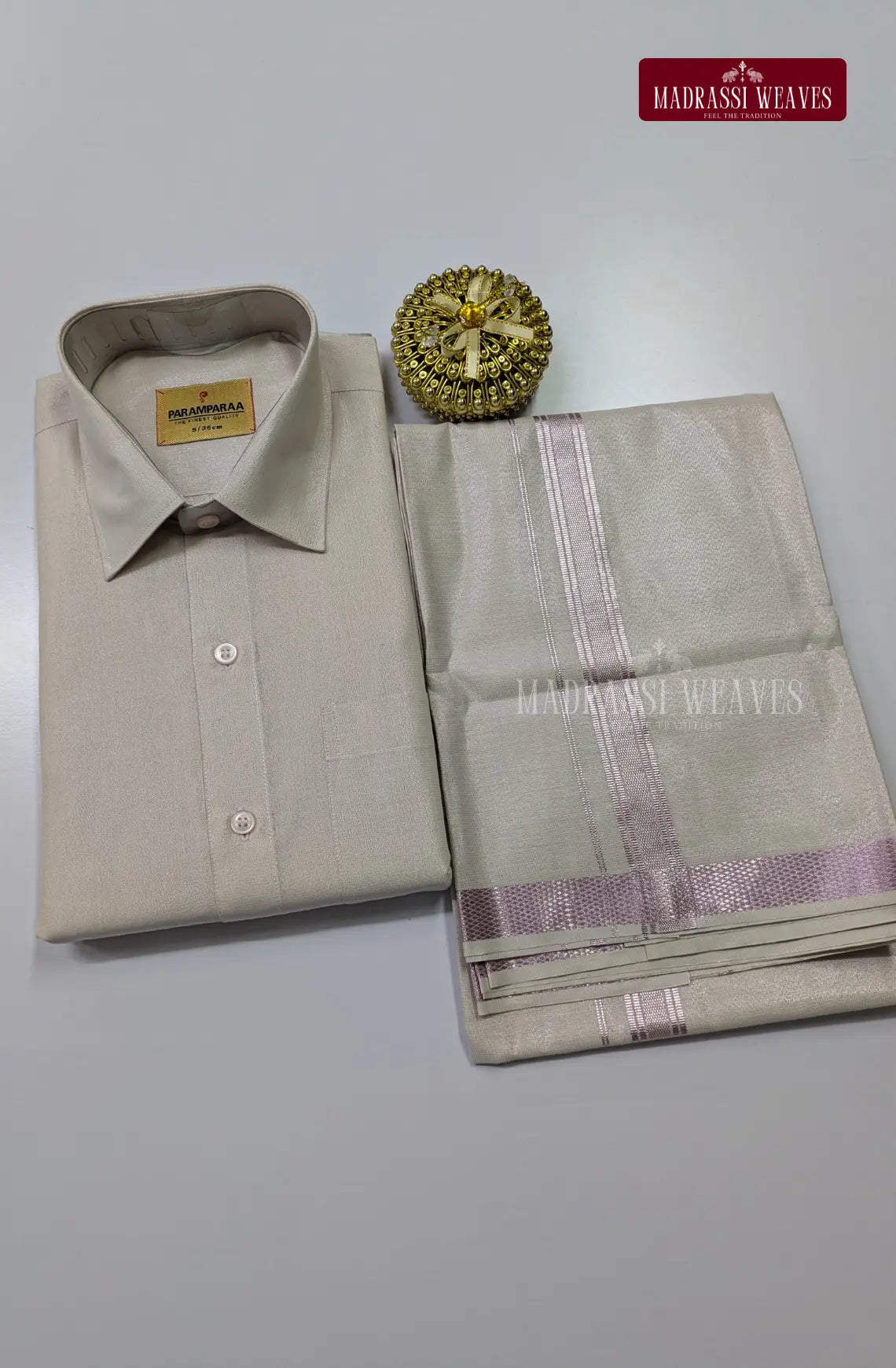Men's Cotton Tissue Dhoti Set With Lavender Zari