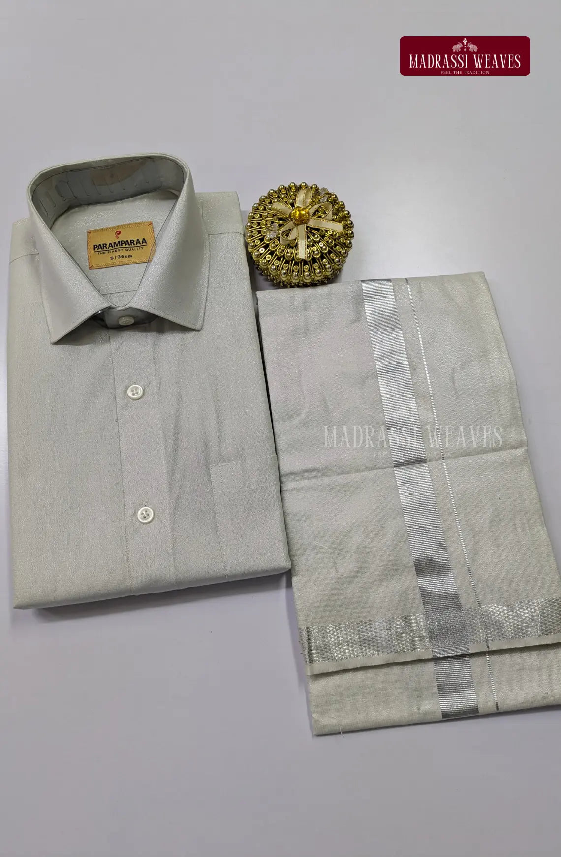 Men's Cotton Tissue Dhoti Set With Silver Zari