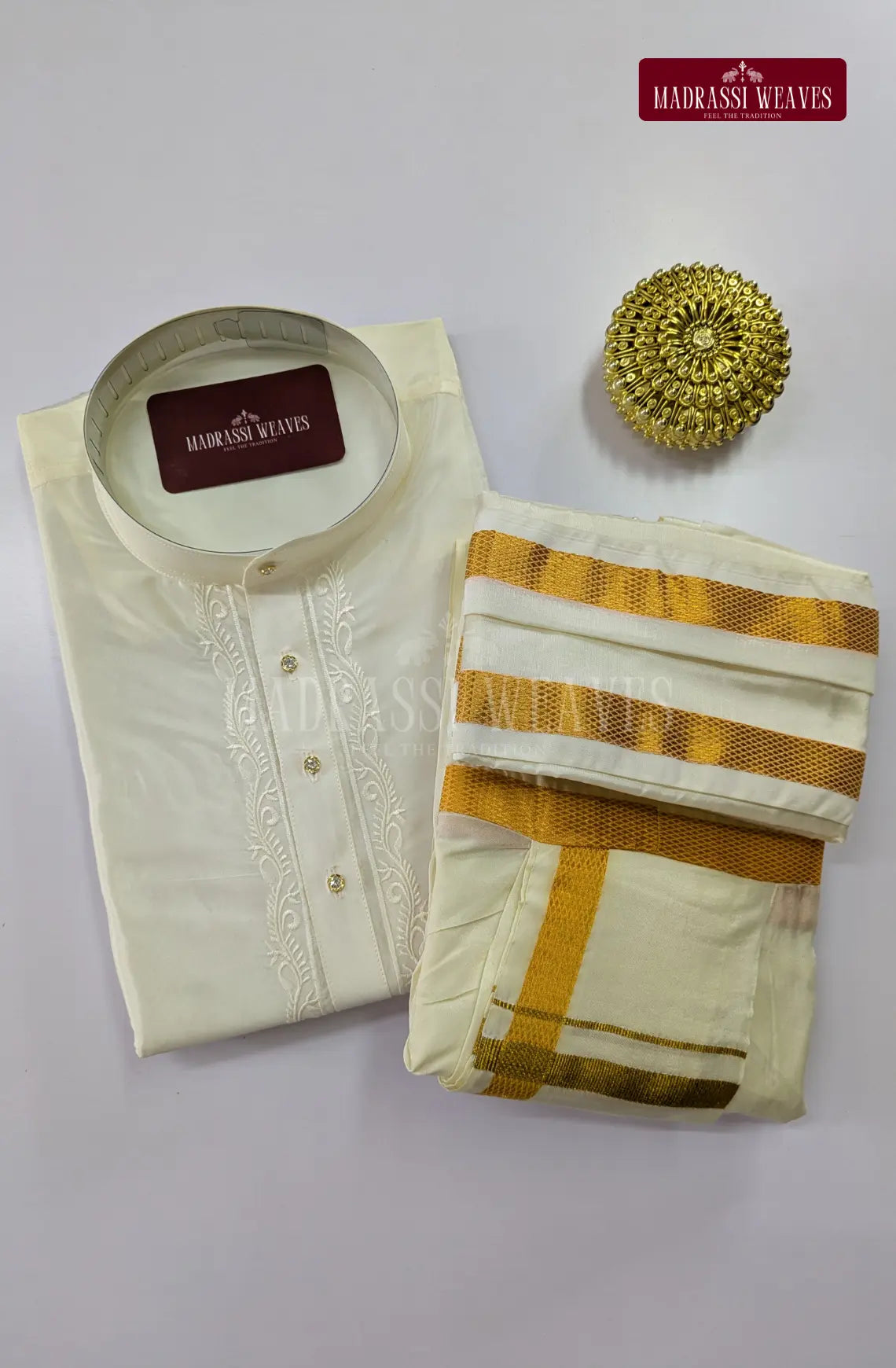 Premium Art Silk Kurta & Readymade Panchakecham Set - White