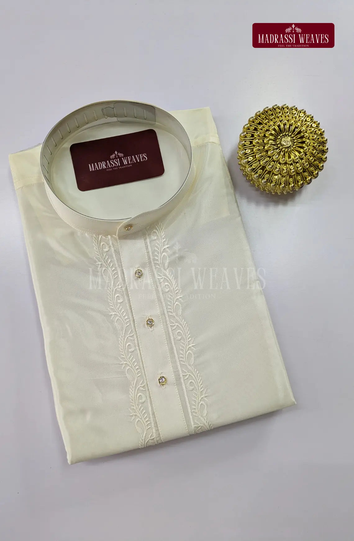 Premium Art Silk Kurta & Readymade Panchakecham Set - White