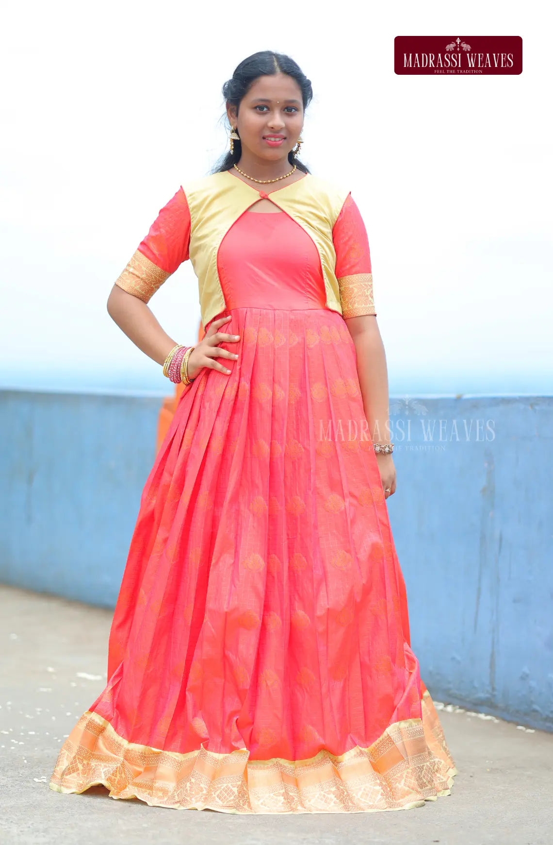 Premium Ethnic Silk Girl's Dress - Kesari Glow