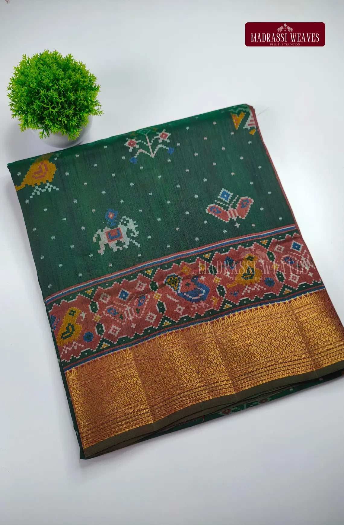 Premium Ikkat Fusion Soft Silk Saree - Deep Green