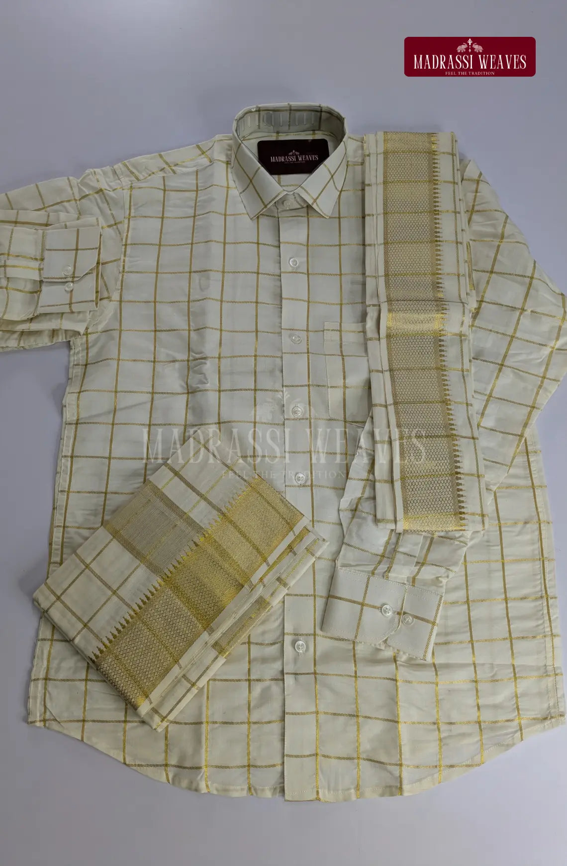 Premium Men's Checkered Pure Cotton Dhoti Set - White