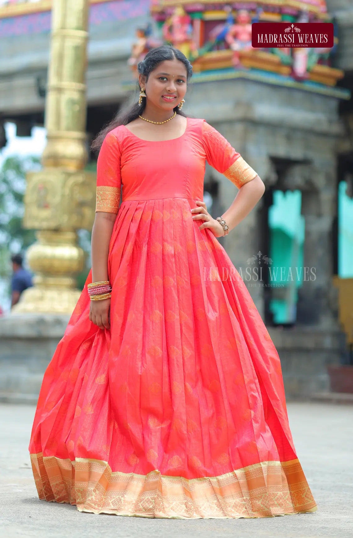 Premium Ethnic Silk Girl's Dress - Kesari Glow
