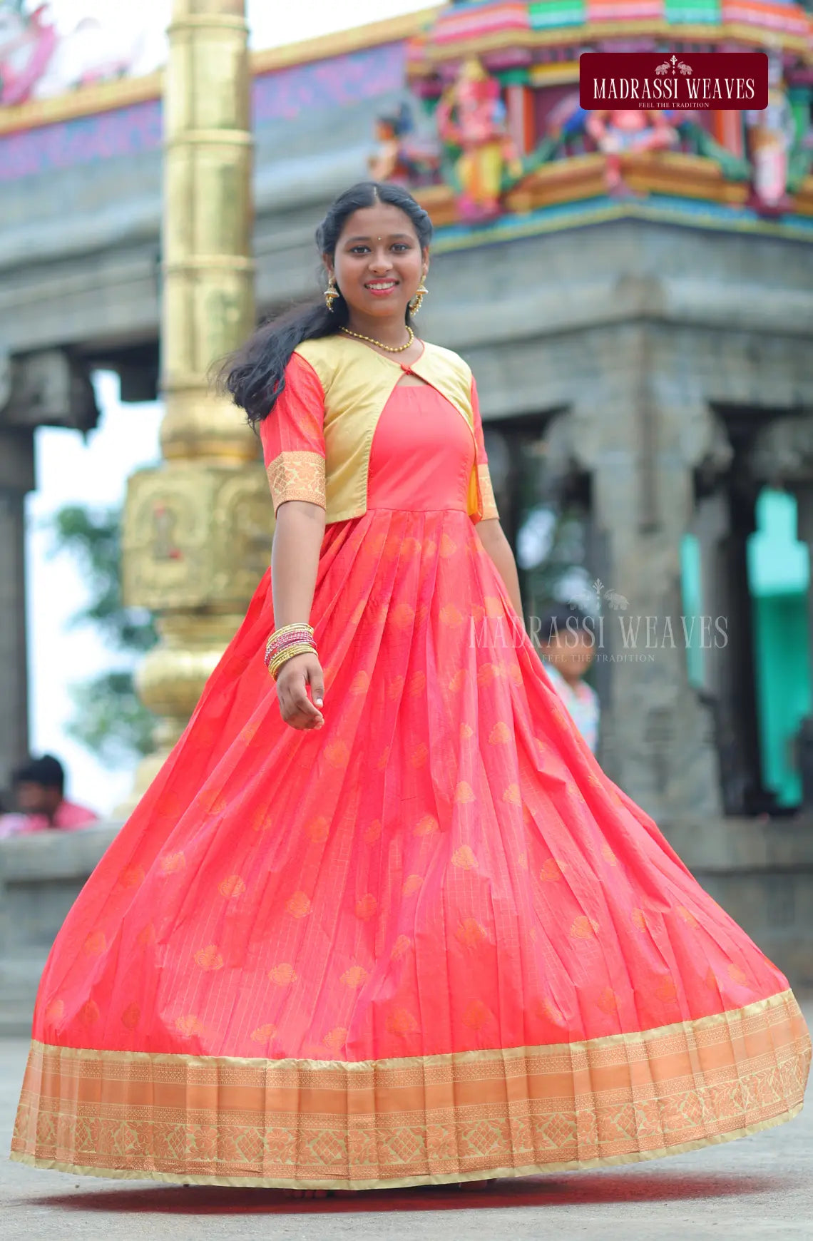 Premium Ethnic Silk Girl's Dress - Kesari Glow