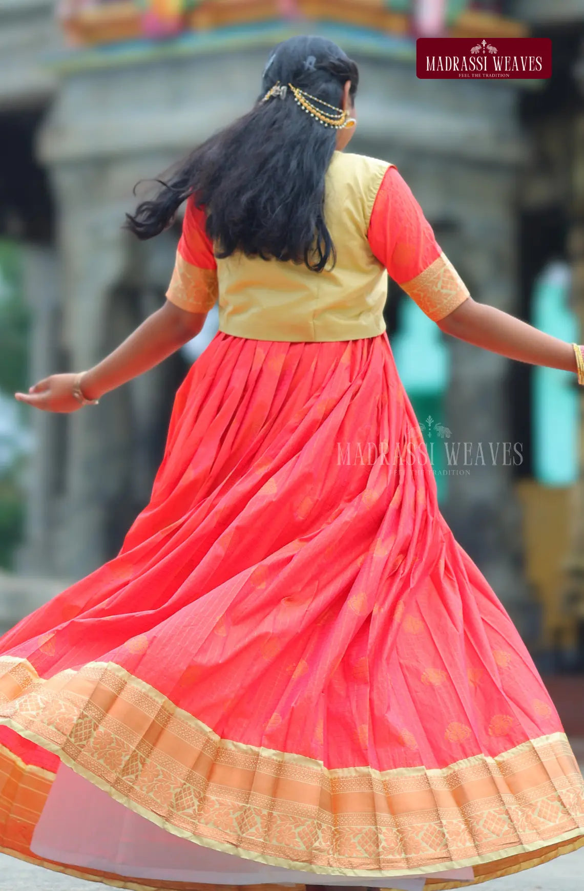 Premium Ethnic Silk Girl's Dress - Kesari Glow