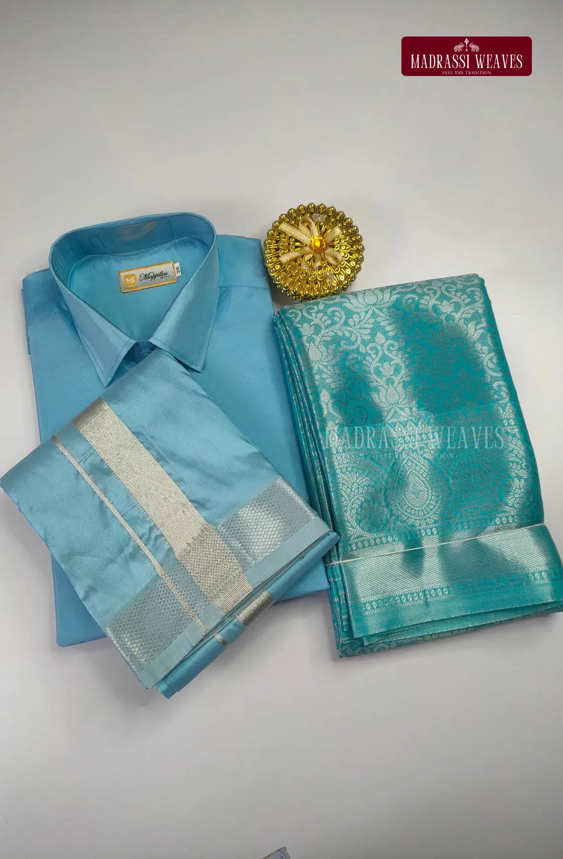 Premium Ethnic Wear Couple Combo Set - Sky Blue  Madrassi Weaves