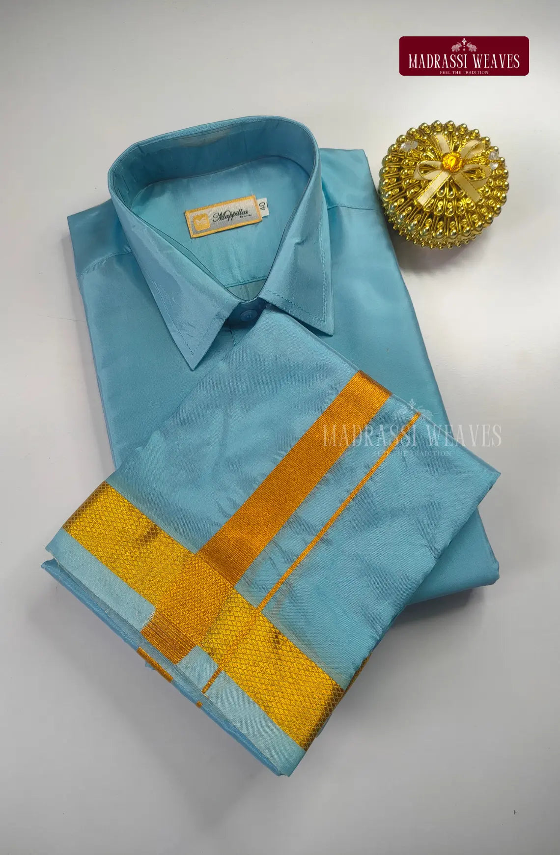 Premium Japan Silk Dhoti Set with Gold Zari - Sky Blue